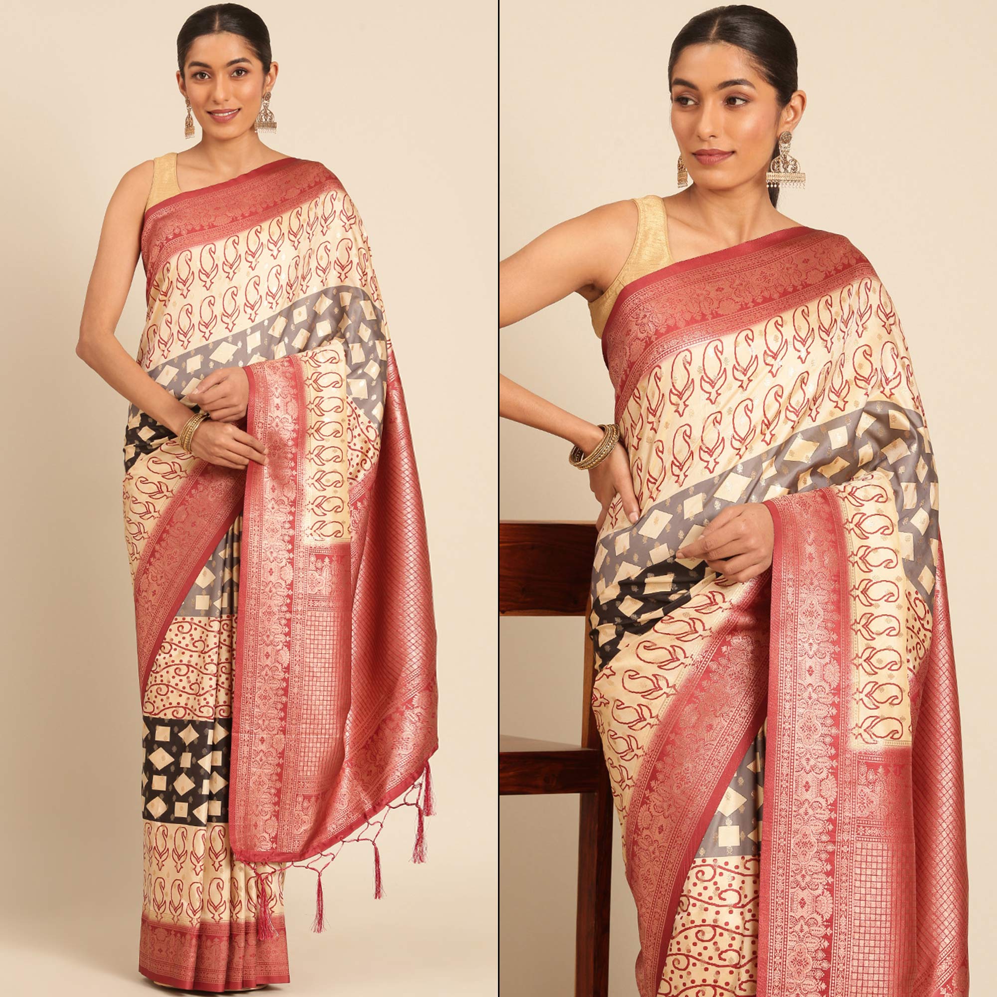 Cream Woven Banarasi Silk Saree With Tassels