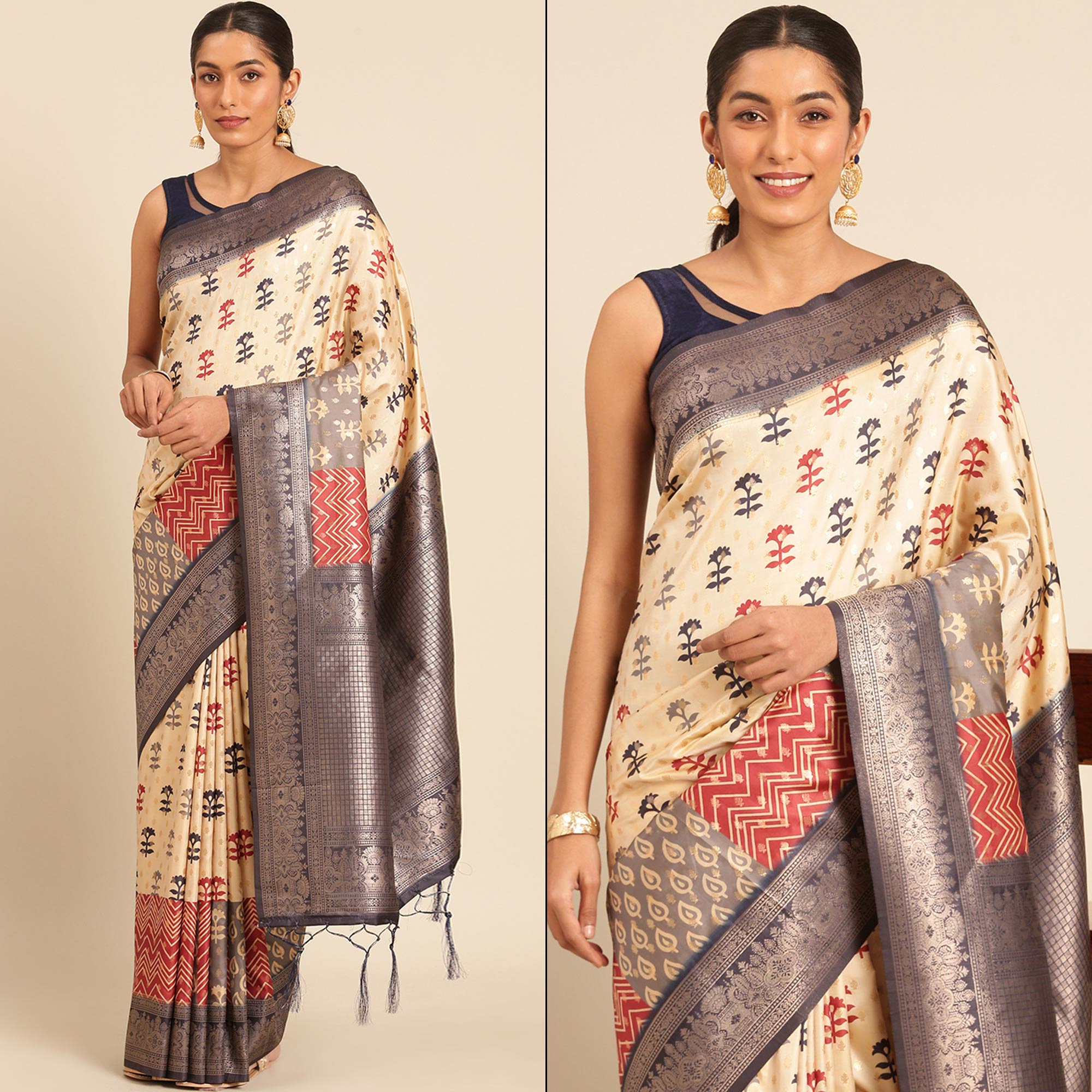 Cream Woven Banarasi Silk Saree With Tassels