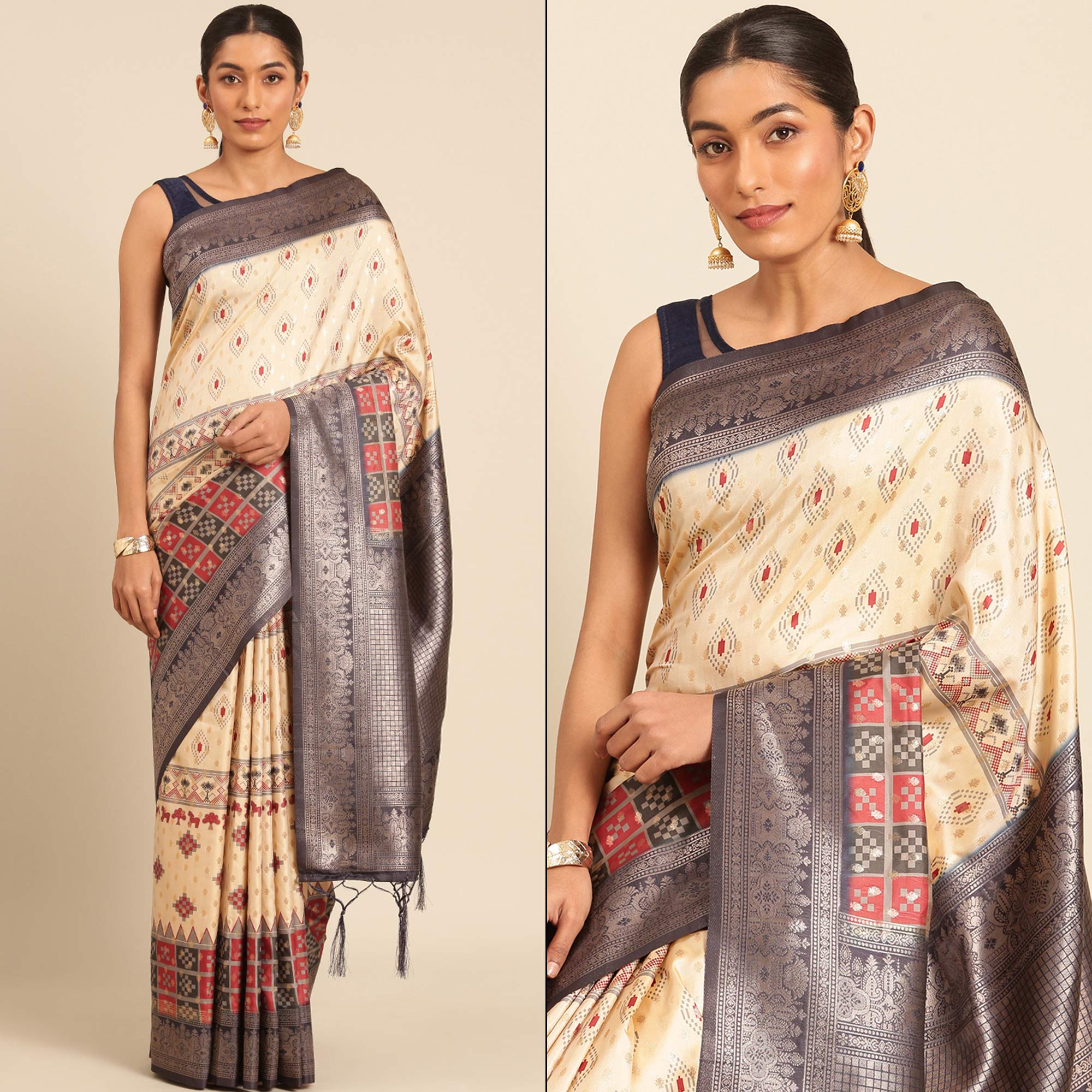 Cream Woven Banarasi Silk Saree With Tassels