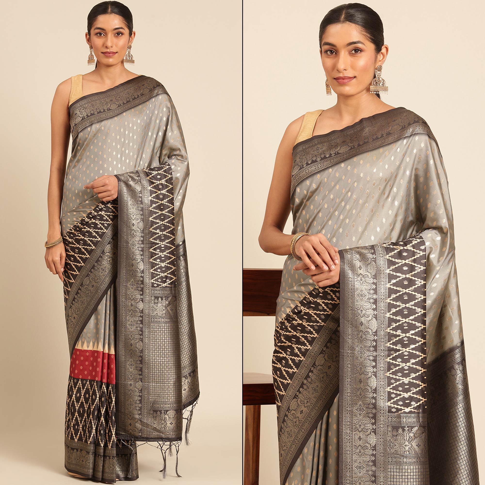 Grey Woven Banarasi Silk Saree With Tassels