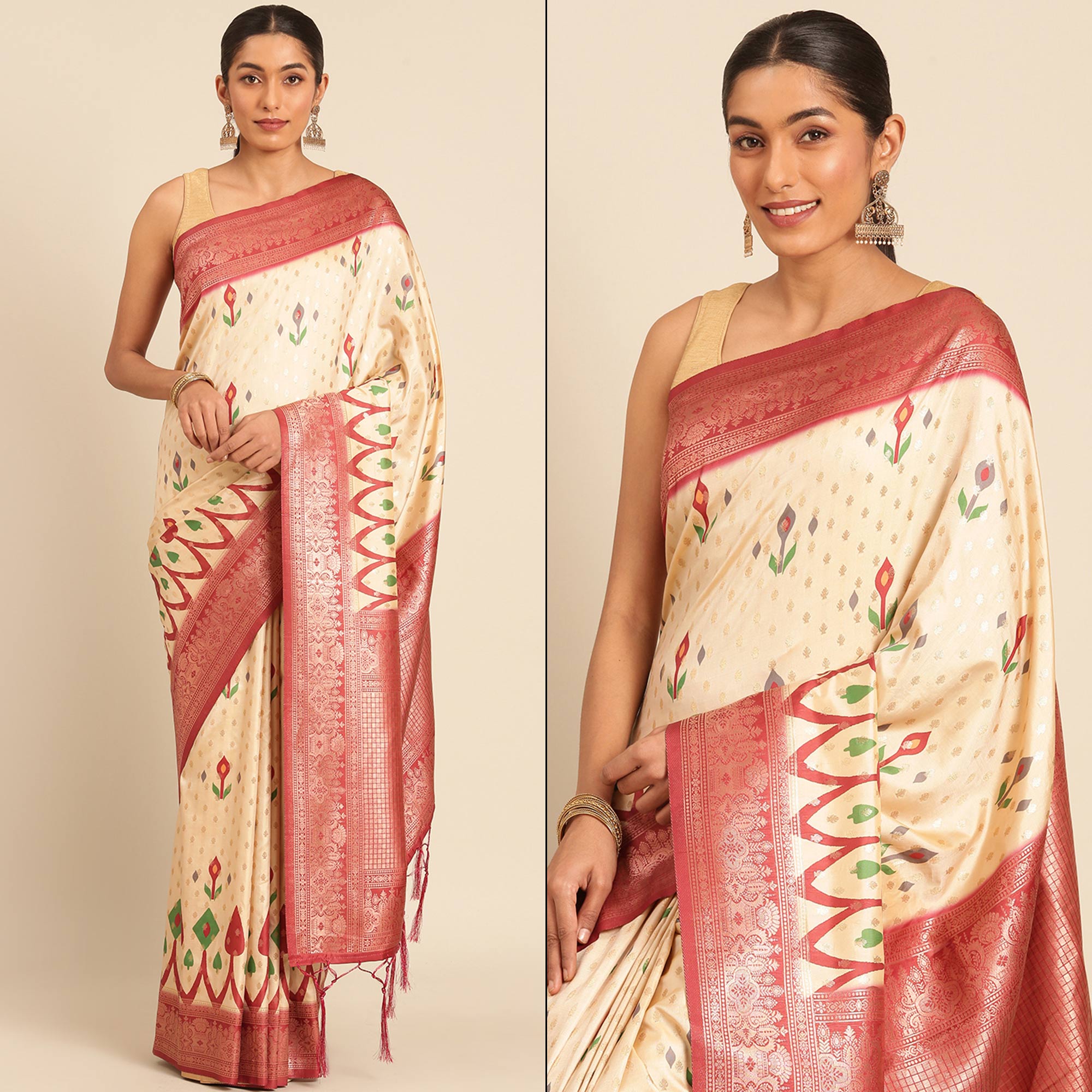 Cream Woven Banarasi Silk Saree With Tassels