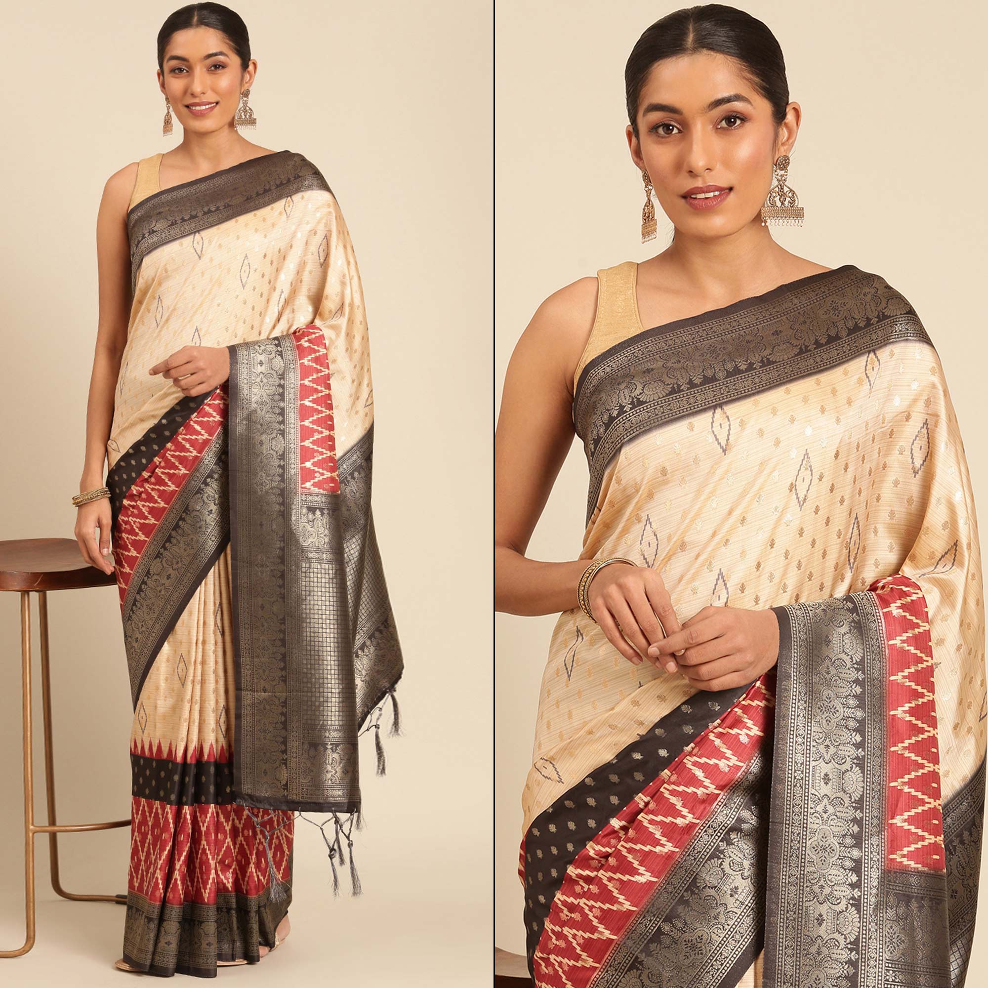 Cream Woven Banarasi Silk Saree With Tassels