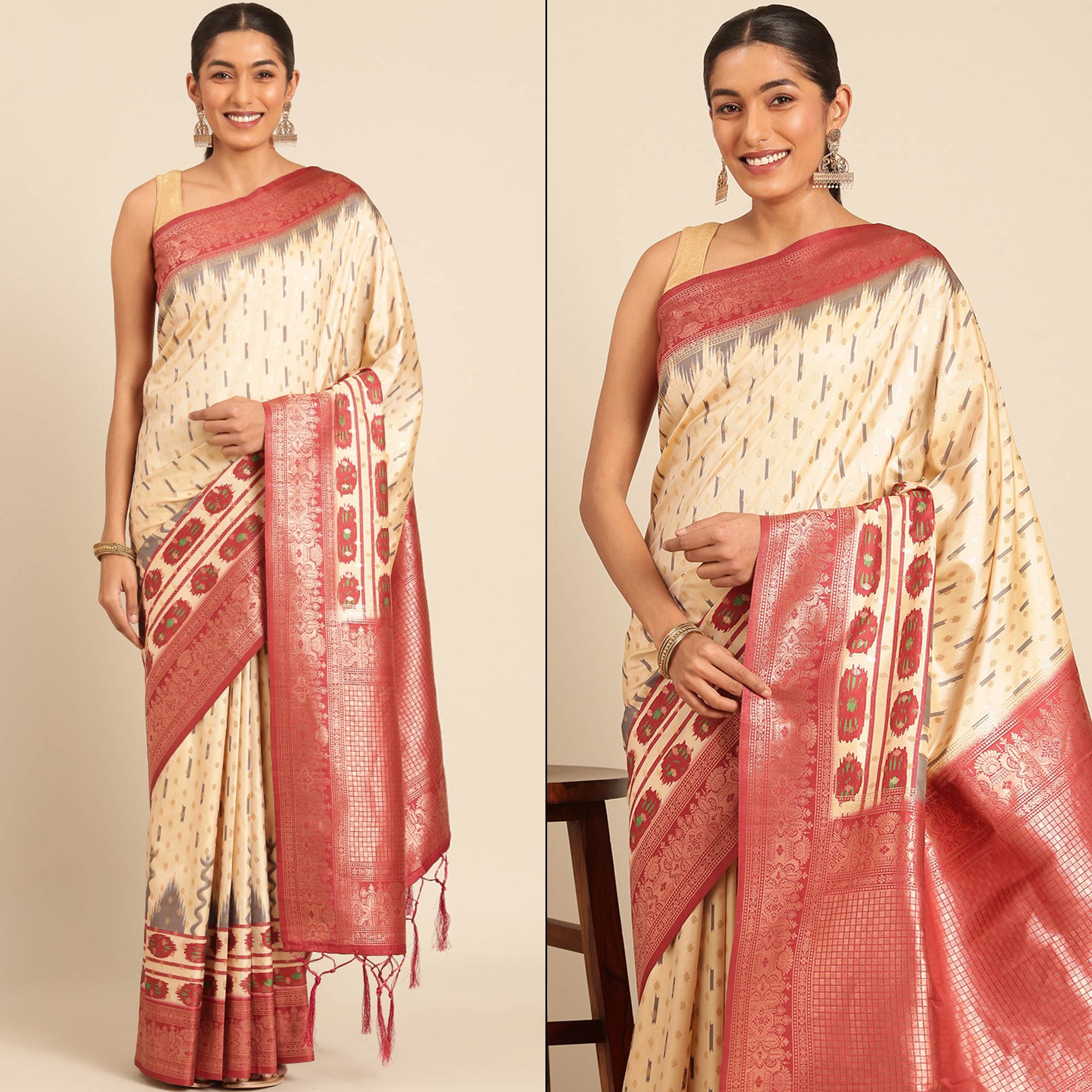 Cream Woven Banarasi Silk Saree With Tassels