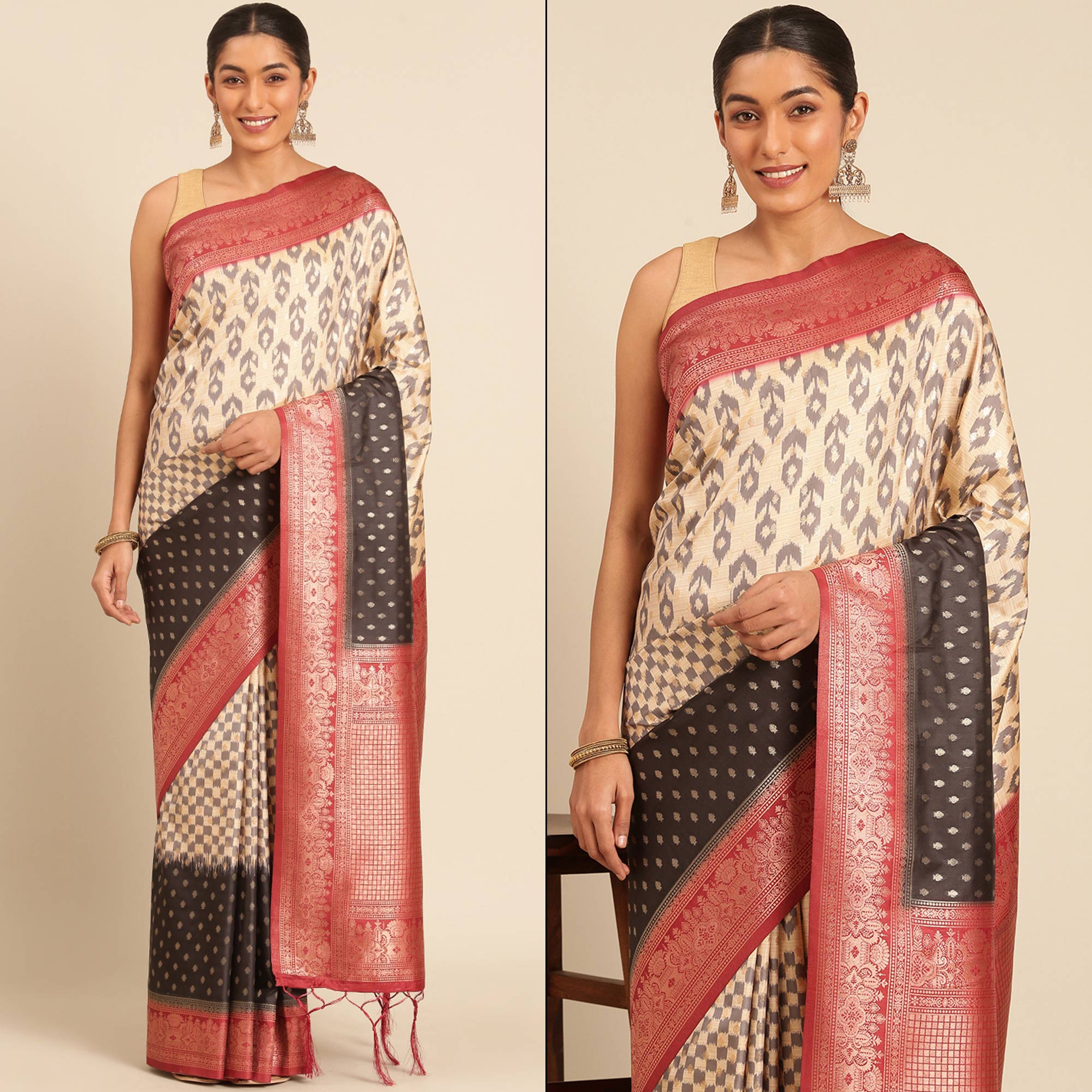 Cream Woven Banarasi Silk Saree With Tassels