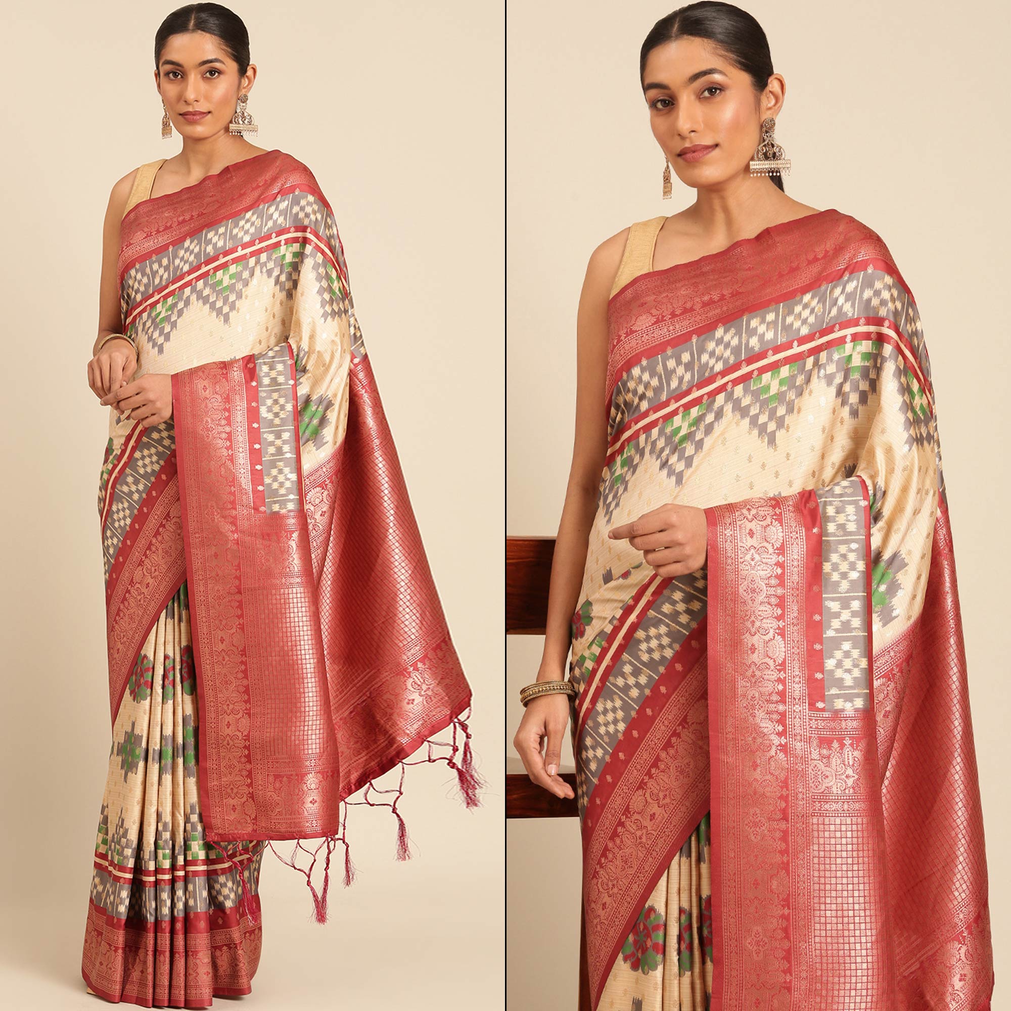 Cream Woven Banarasi Silk Saree With Tassels