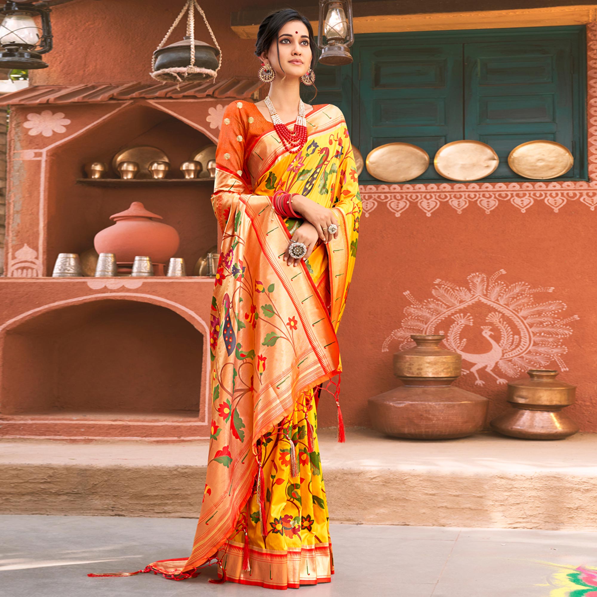 Yellow Floral Woven Banarasi Silk Saree With Tassels