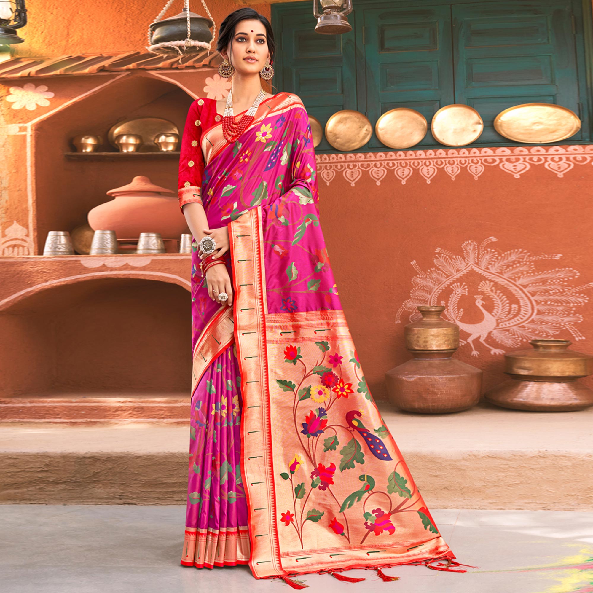 Magenta Pink Floral Woven Banarasi Silk Saree With Tassels