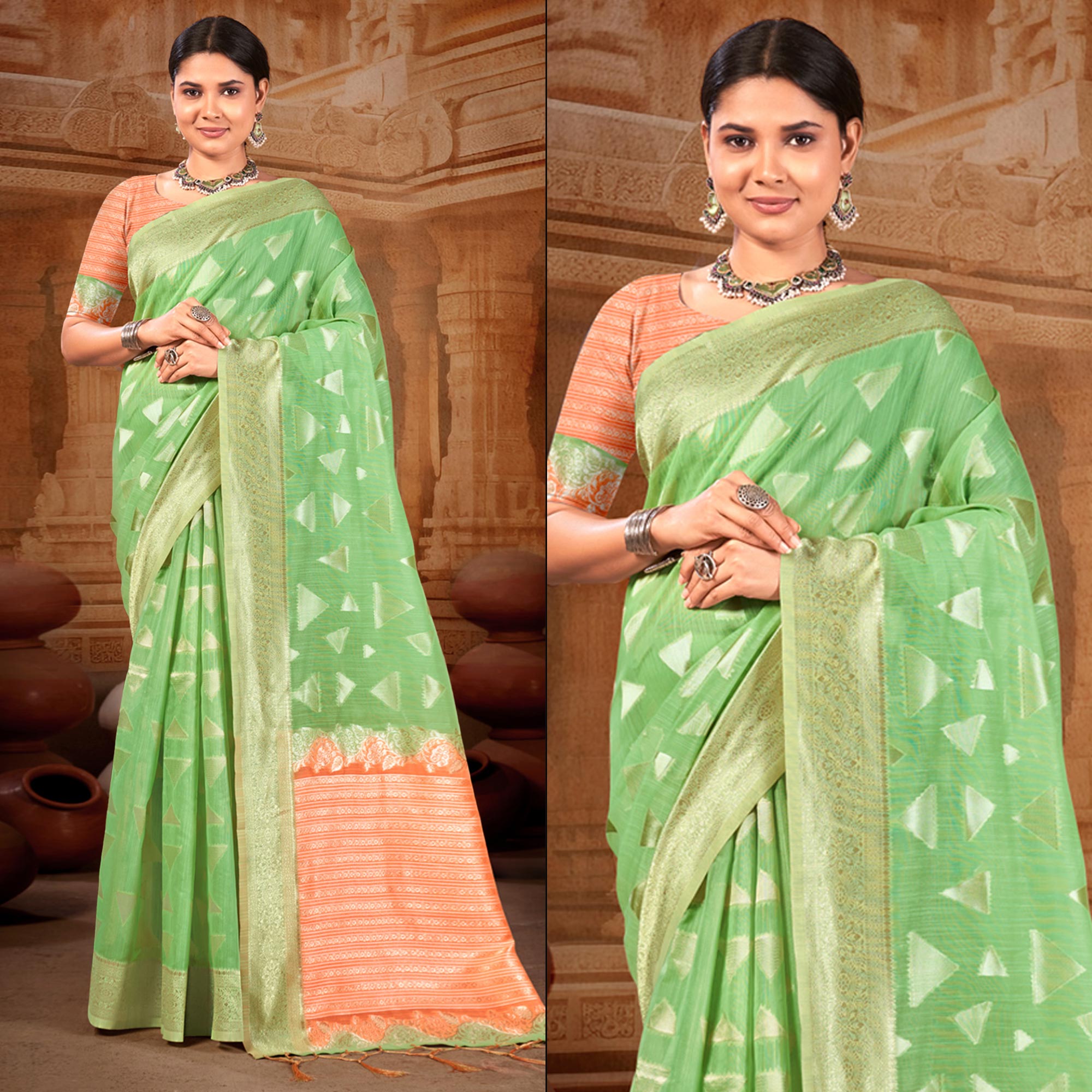 Green Woven Linen Saree With Tassels