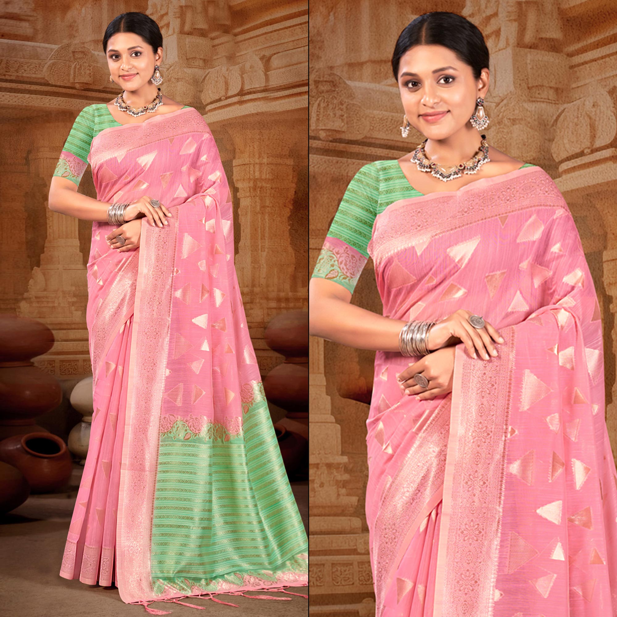 Pink Woven Linen Saree With Tassels