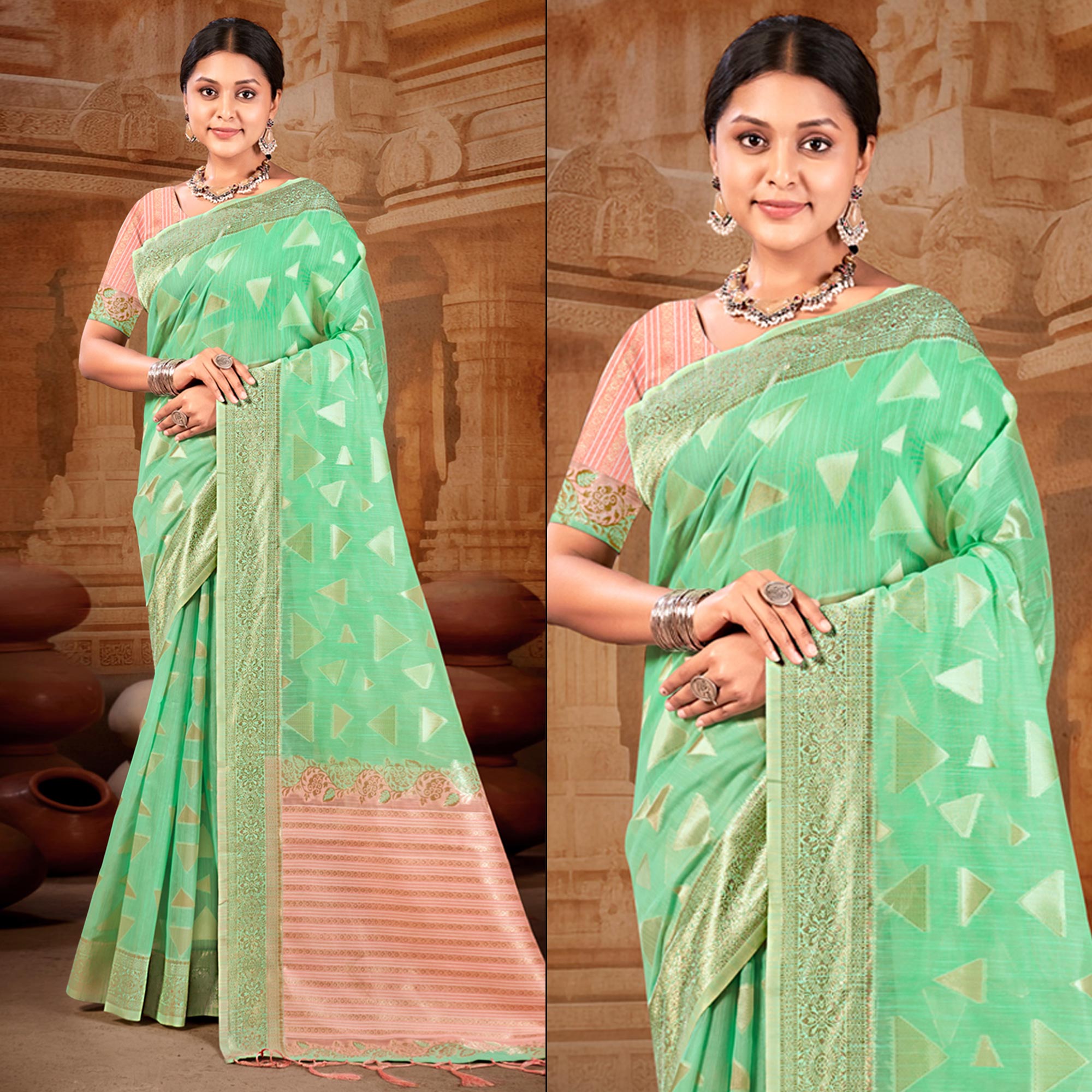 Sea Green Woven Linen Saree With Tassels