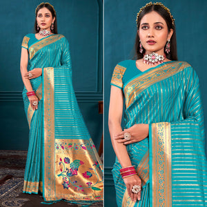 Turquoise Woven Paithani Raw Silk Saree With Tassels