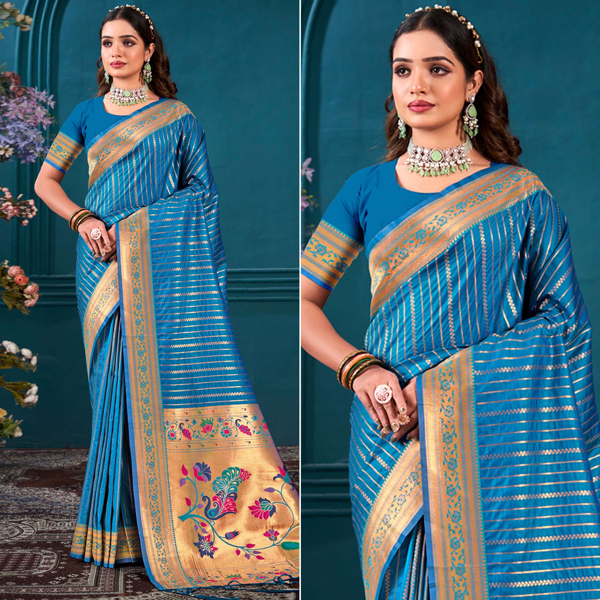 Blue Woven Paithani Raw Silk Saree With Tassels