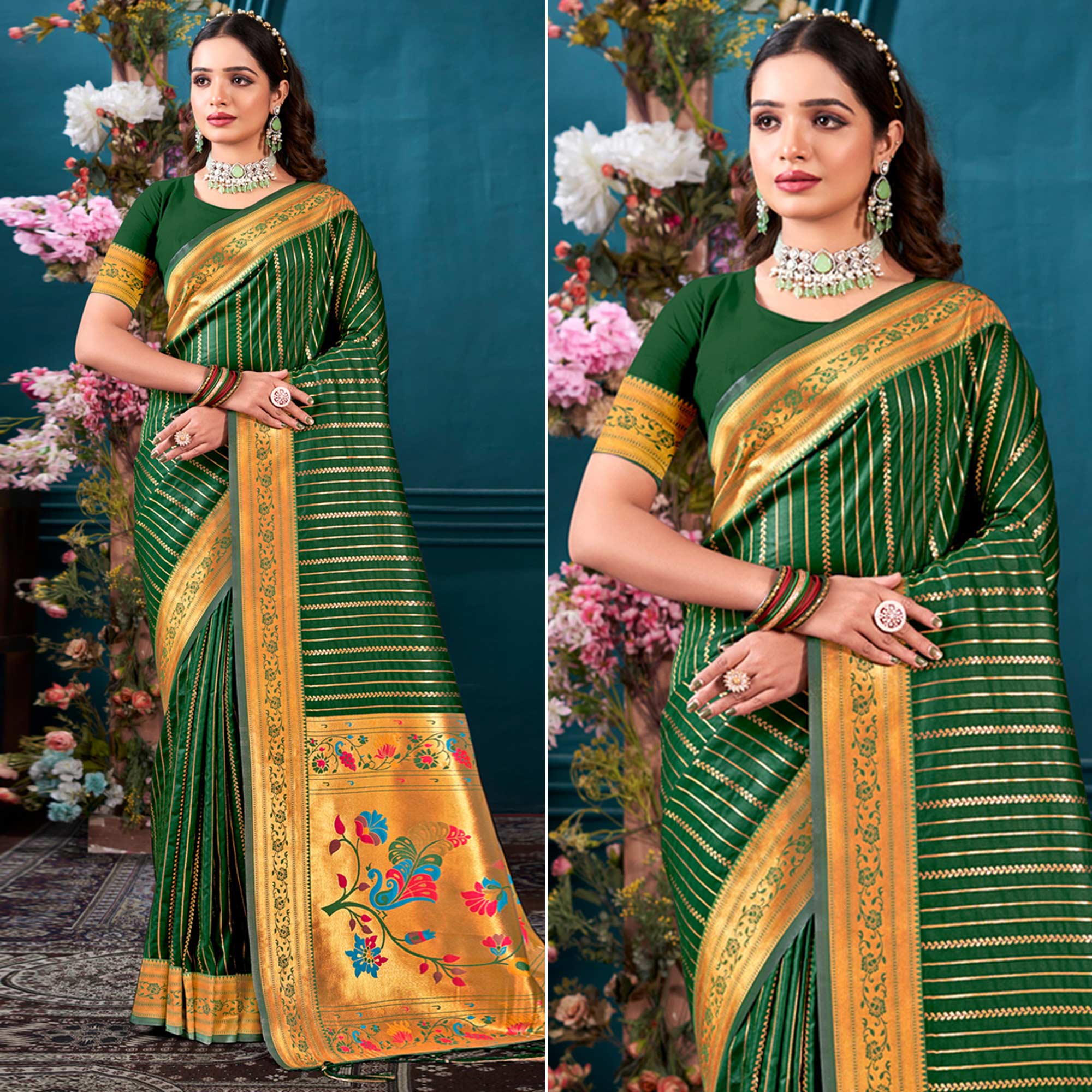 Dark Green Woven Paithani Raw Silk Saree With Tassels
