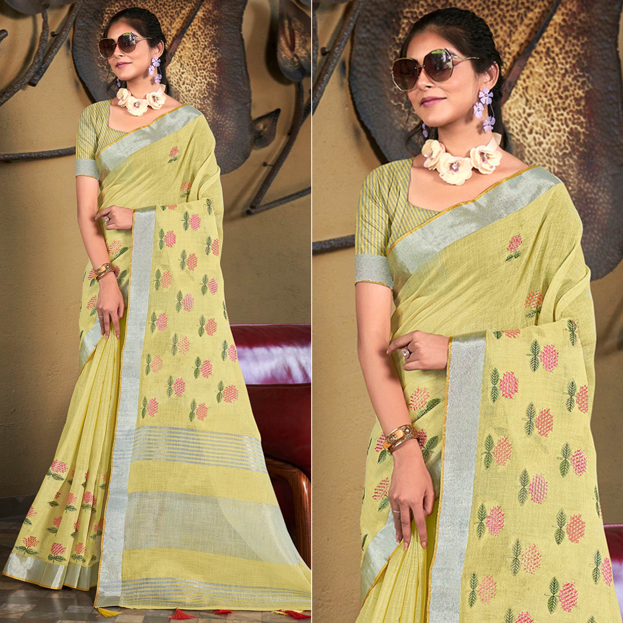 Yellow Floral Embroidered Linen Saree With Tassels