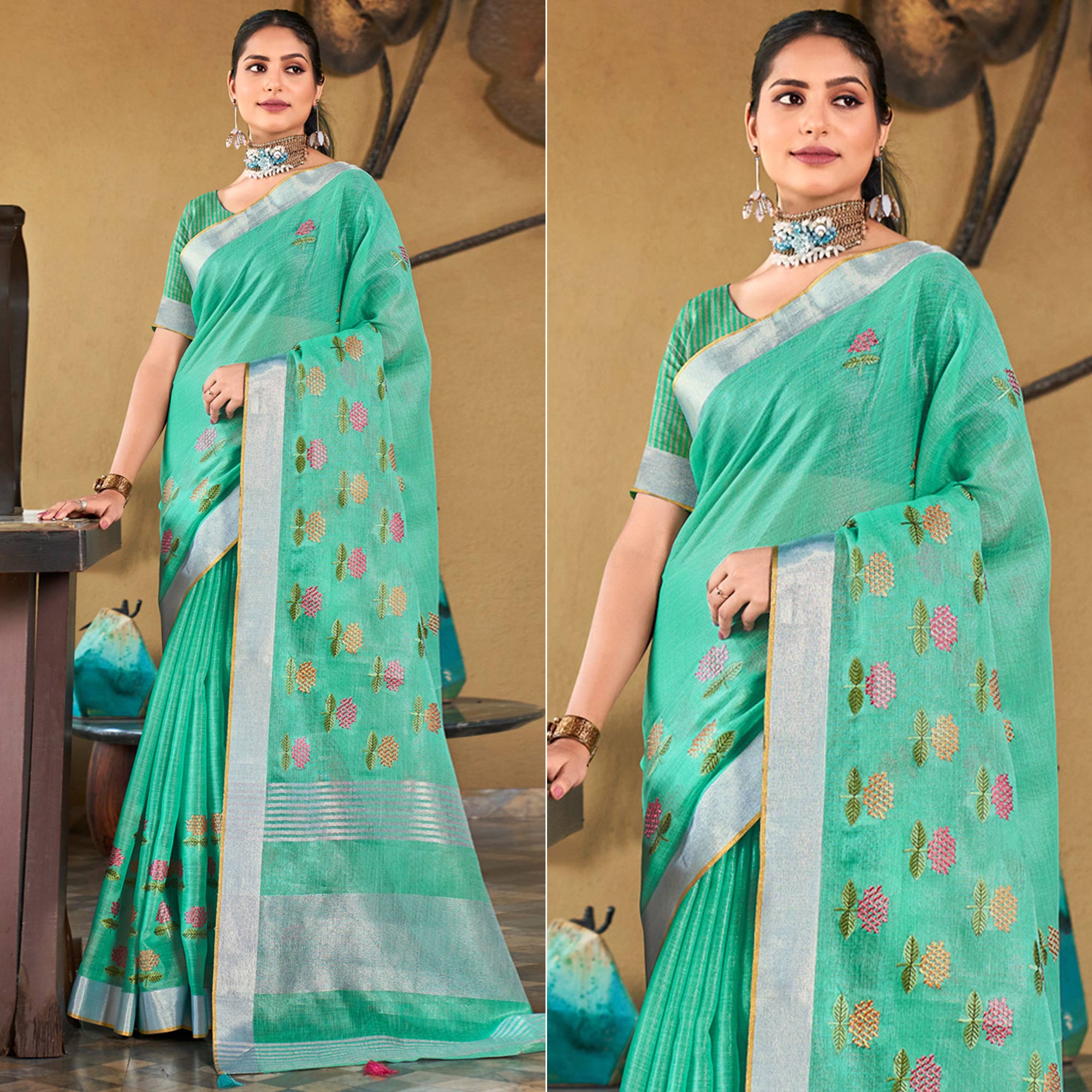 Sea Green Floral Embroidered Linen Saree With Tassels