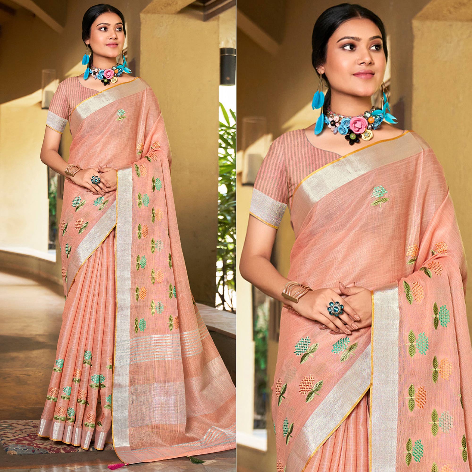 Peach Floral Embroidered Linen Saree With Tassels