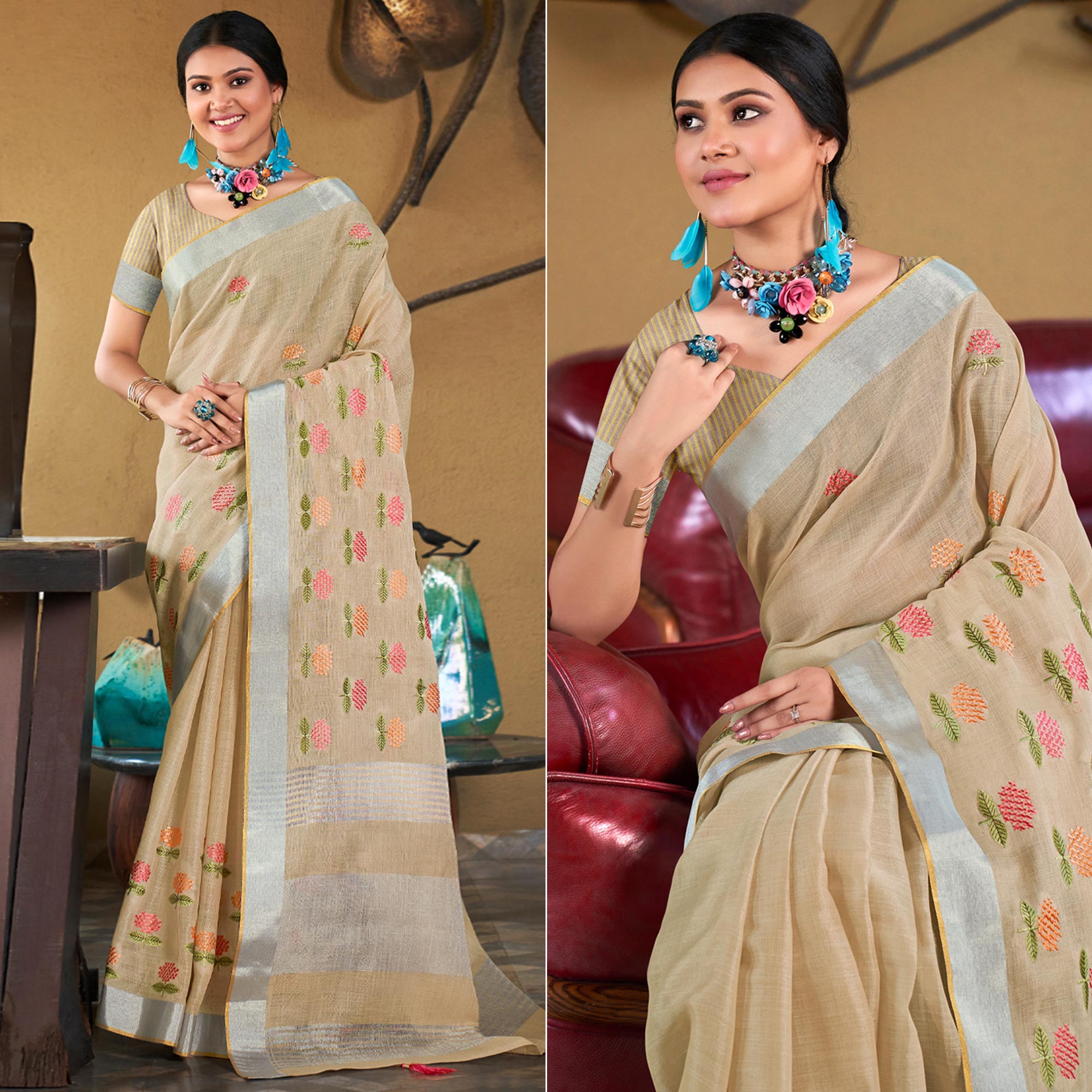 Beige Floral Embroidered Linen Saree With Tassels