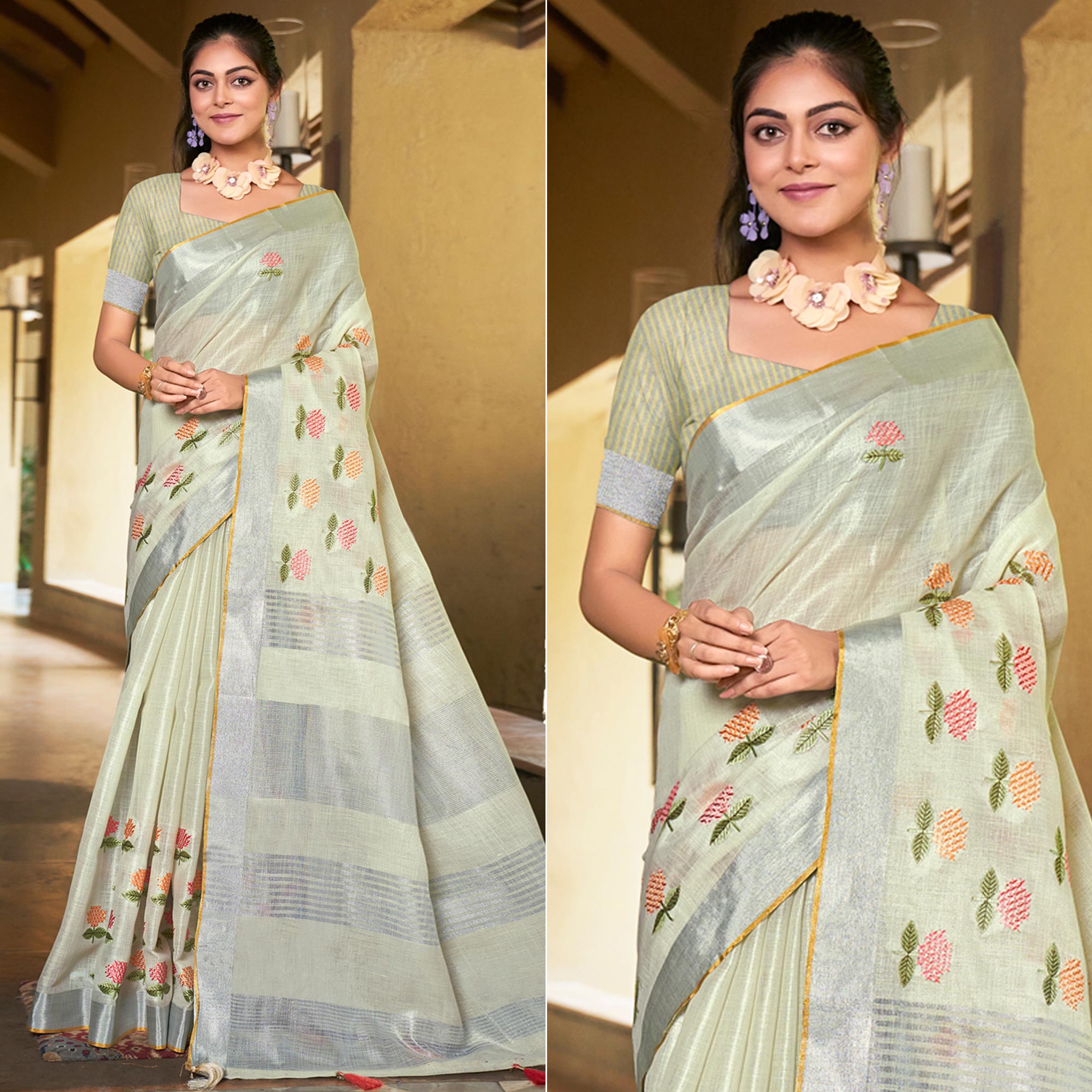Pale Yellow Floral Embroidered Linen Saree With Tassels