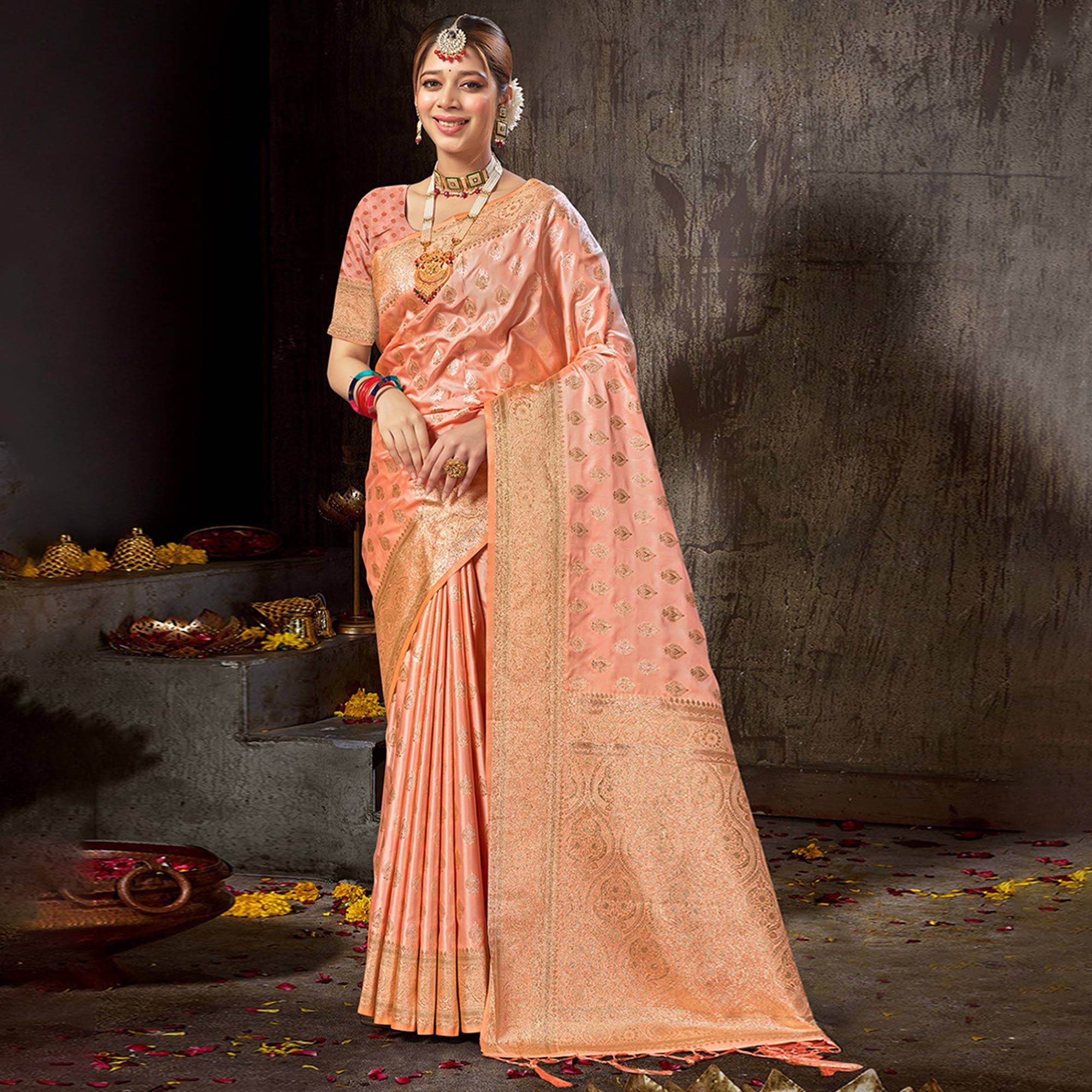 Orange Woven Banarasi Silk Saree With Tassels