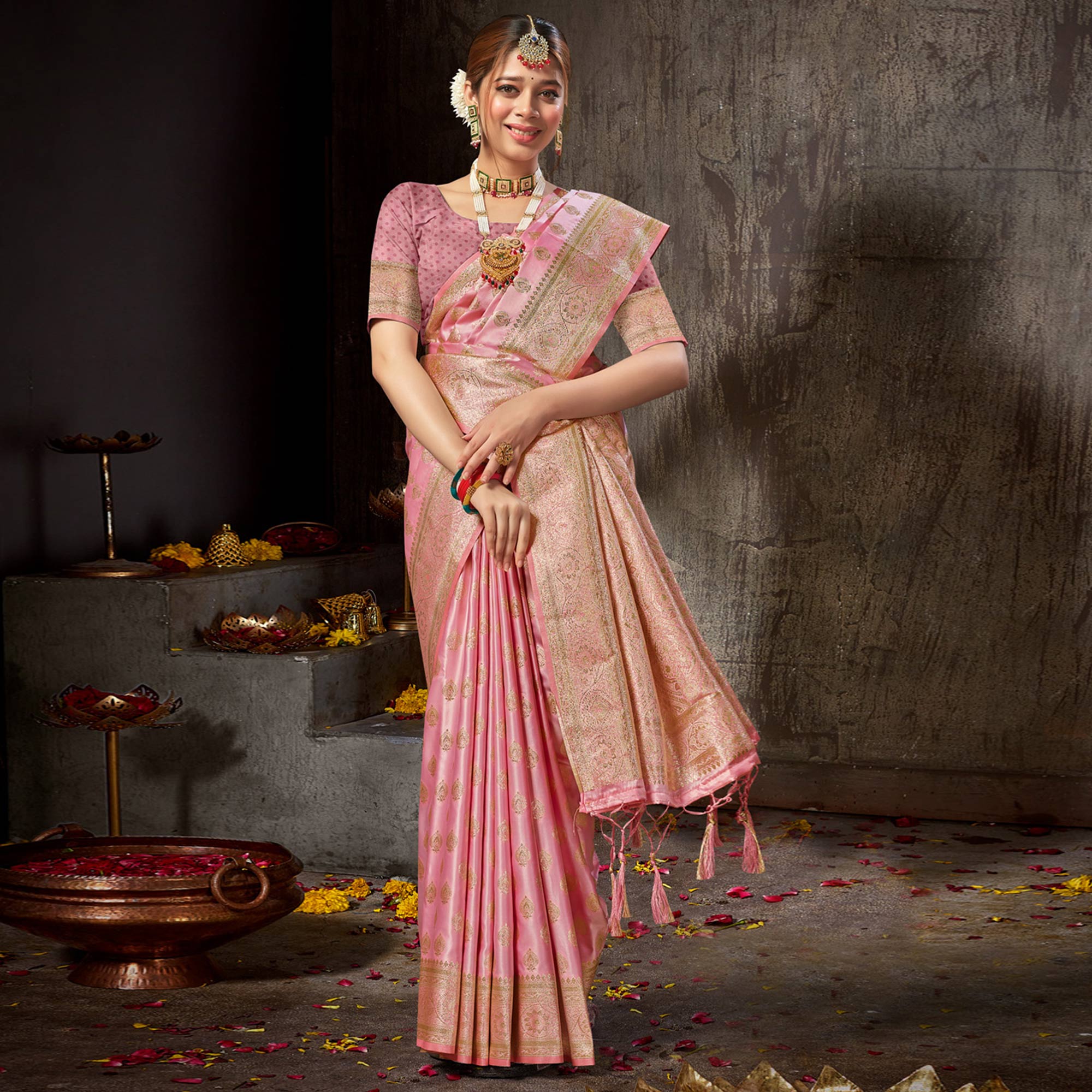 Pink Woven Banarasi Silk Saree With Tassels