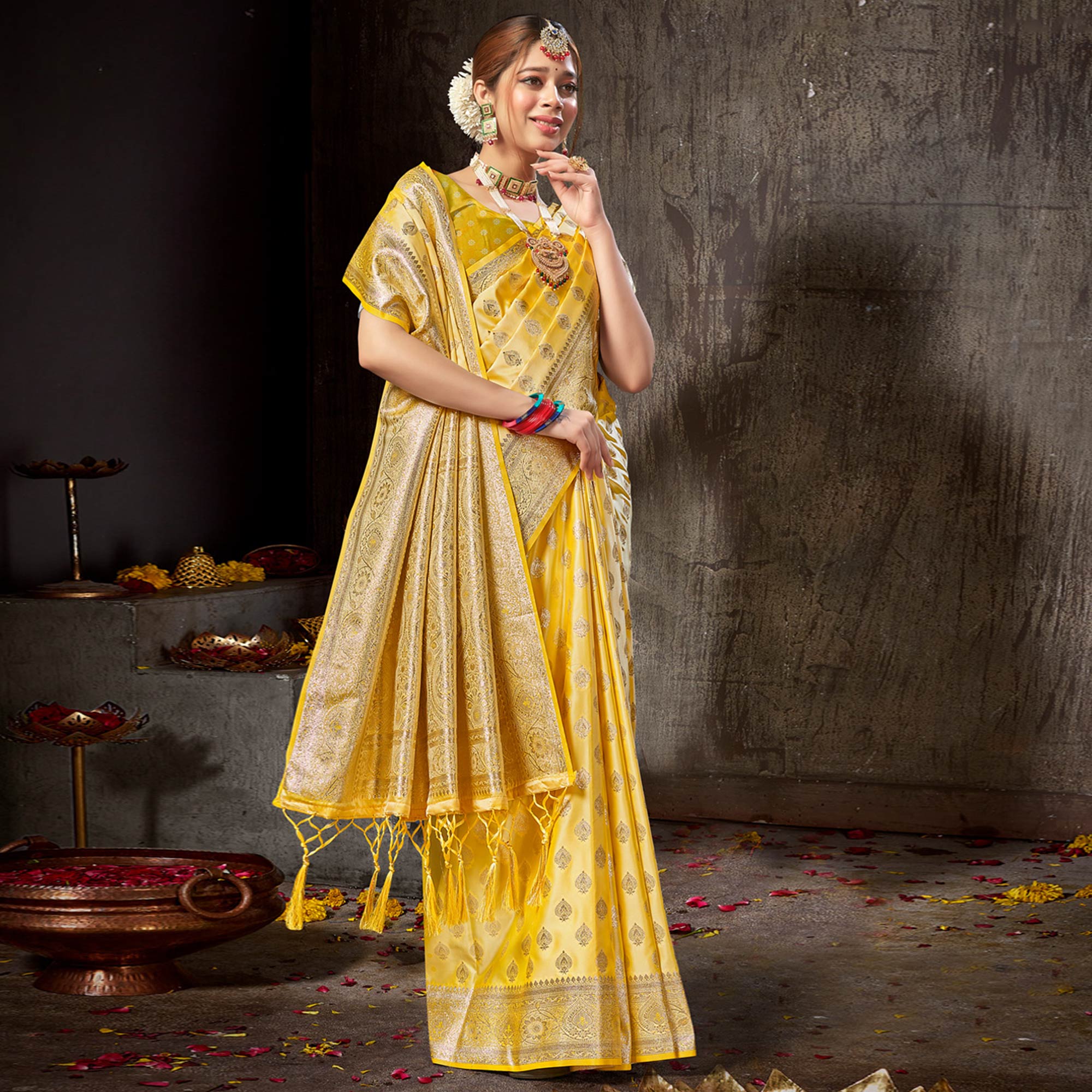 Yellow Woven Banarasi Silk Saree With Tassels