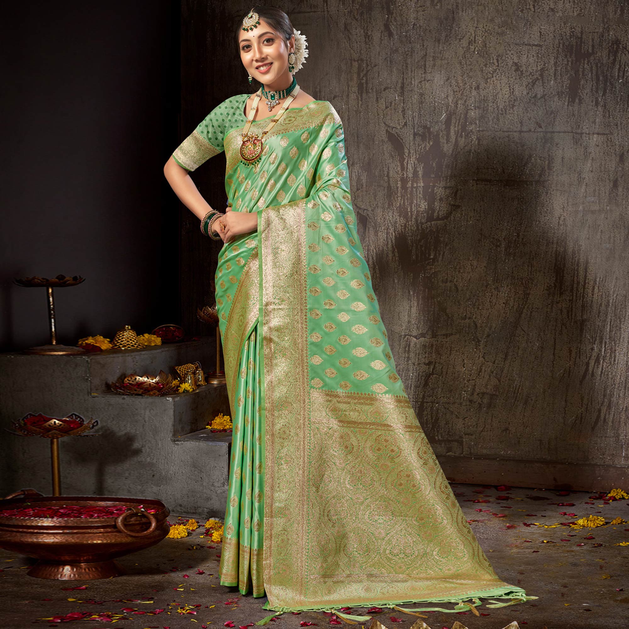 Green Woven Banarasi Silk Saree With Tassels