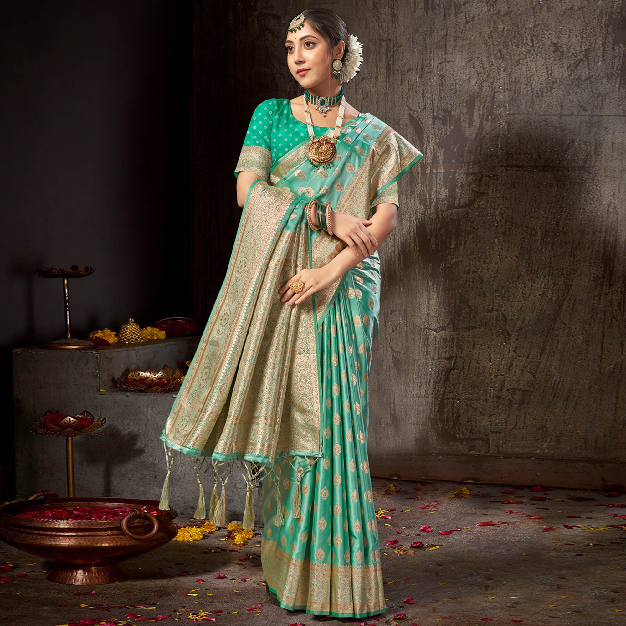 Rama Green Woven Banarasi Silk Saree With Tassels
