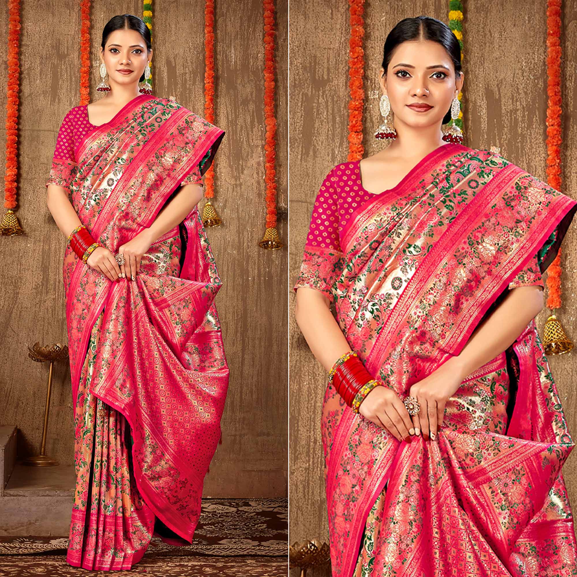 Pink Floral Woven Banarasi Silk Saree
