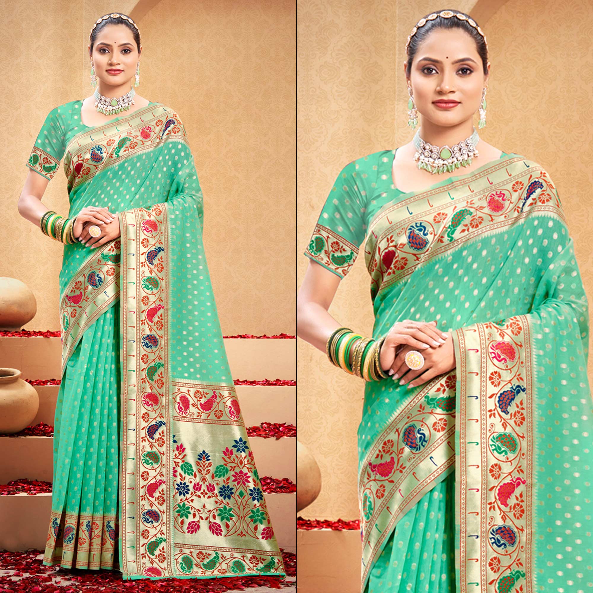 Sea Green Floral Woven Cotton Blend Saree With Tassels