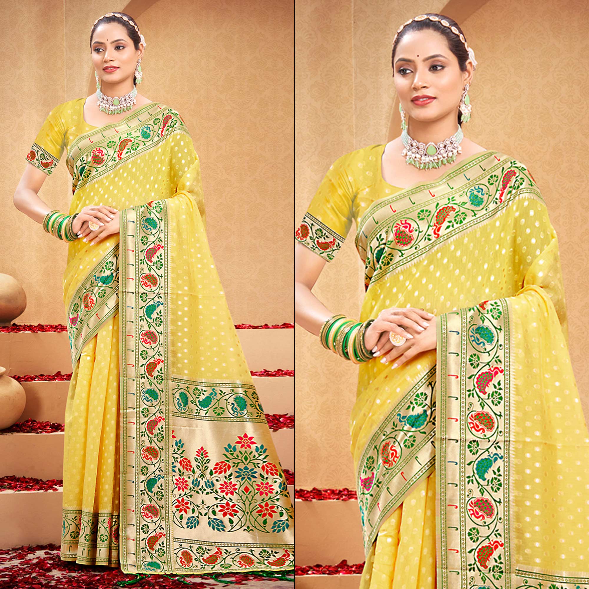 Yellow Floral Woven Cotton Blend Saree With Tassels