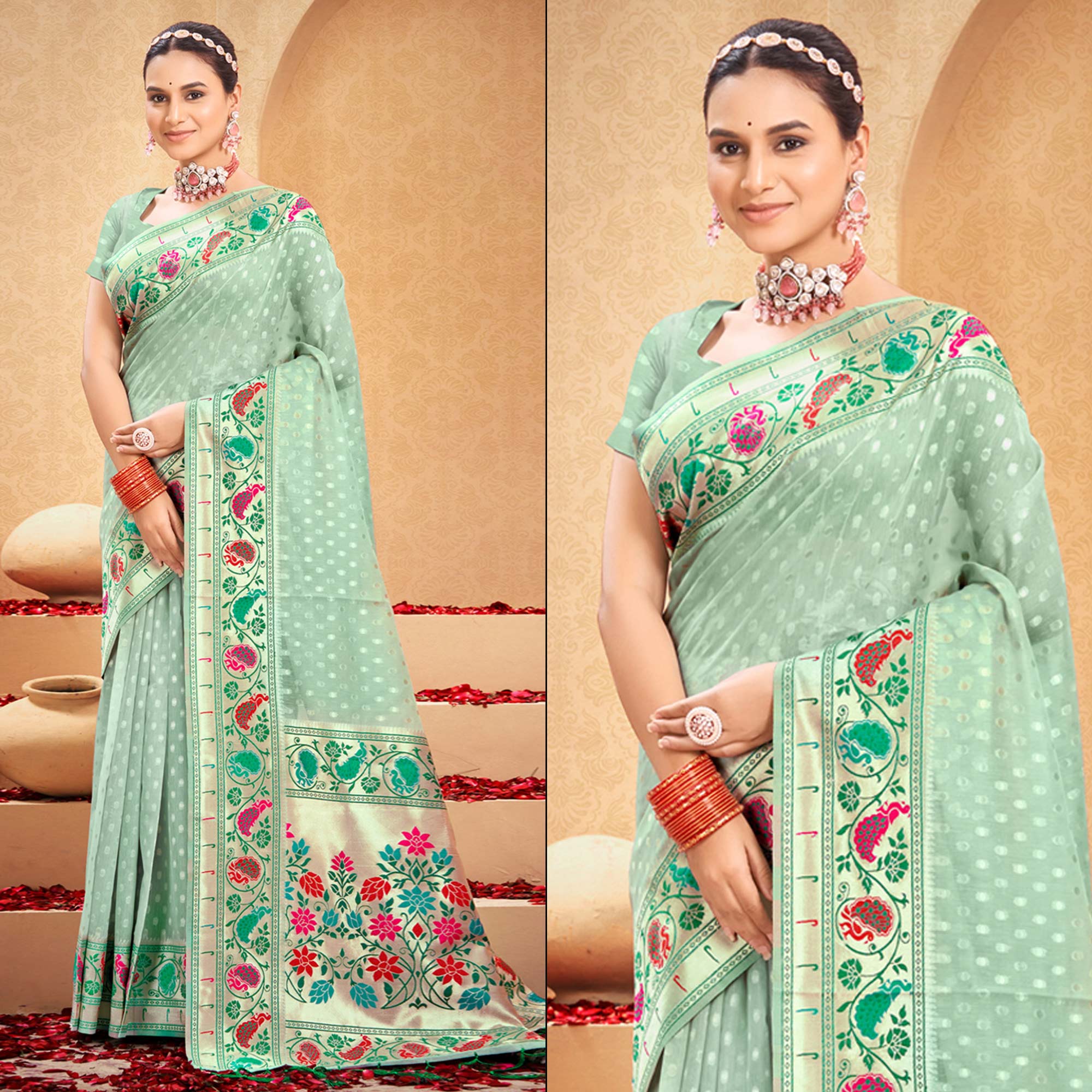 Green Floral Woven Cotton Blend Saree With Tassels