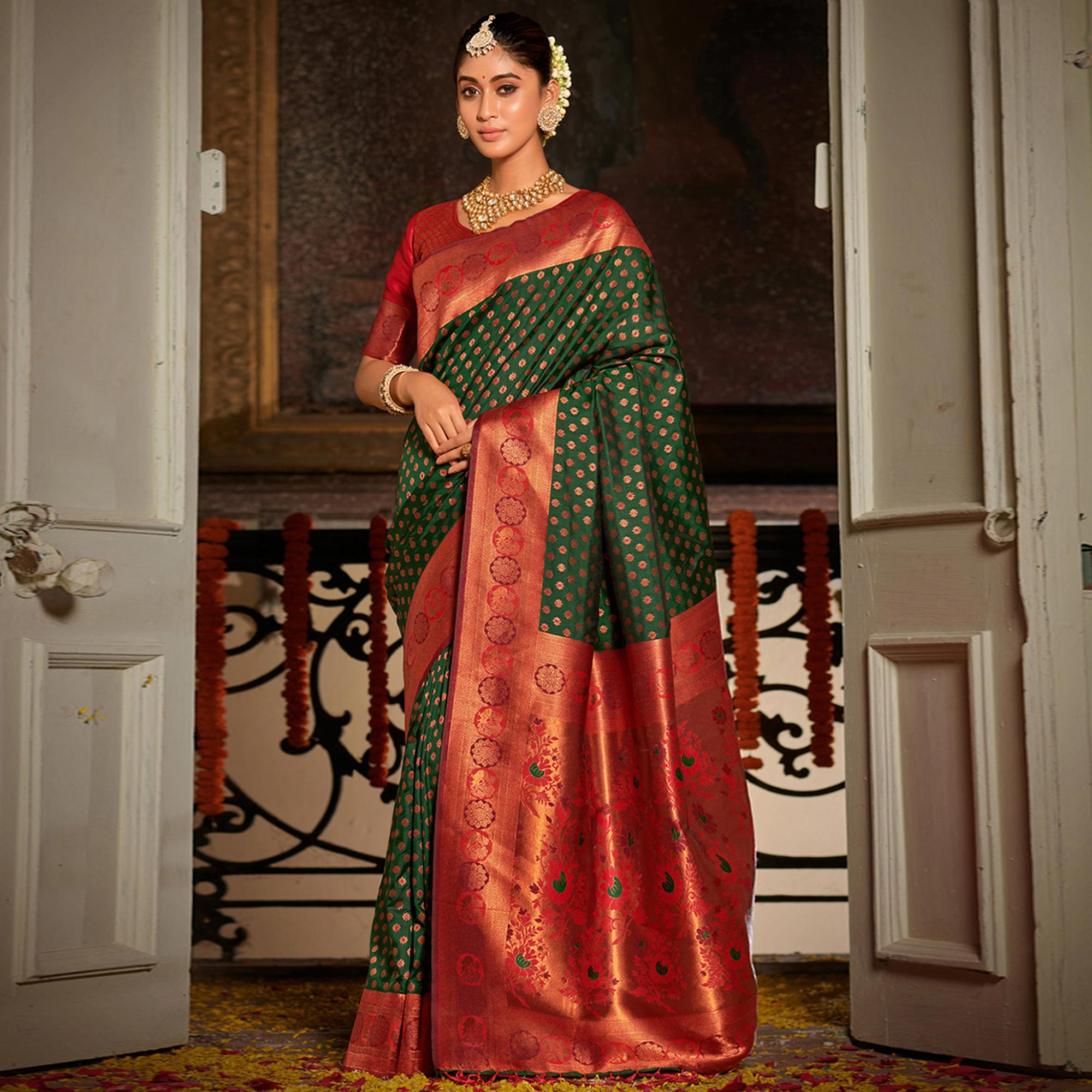 Green Woven Banarasi Silk Saree With Tassels