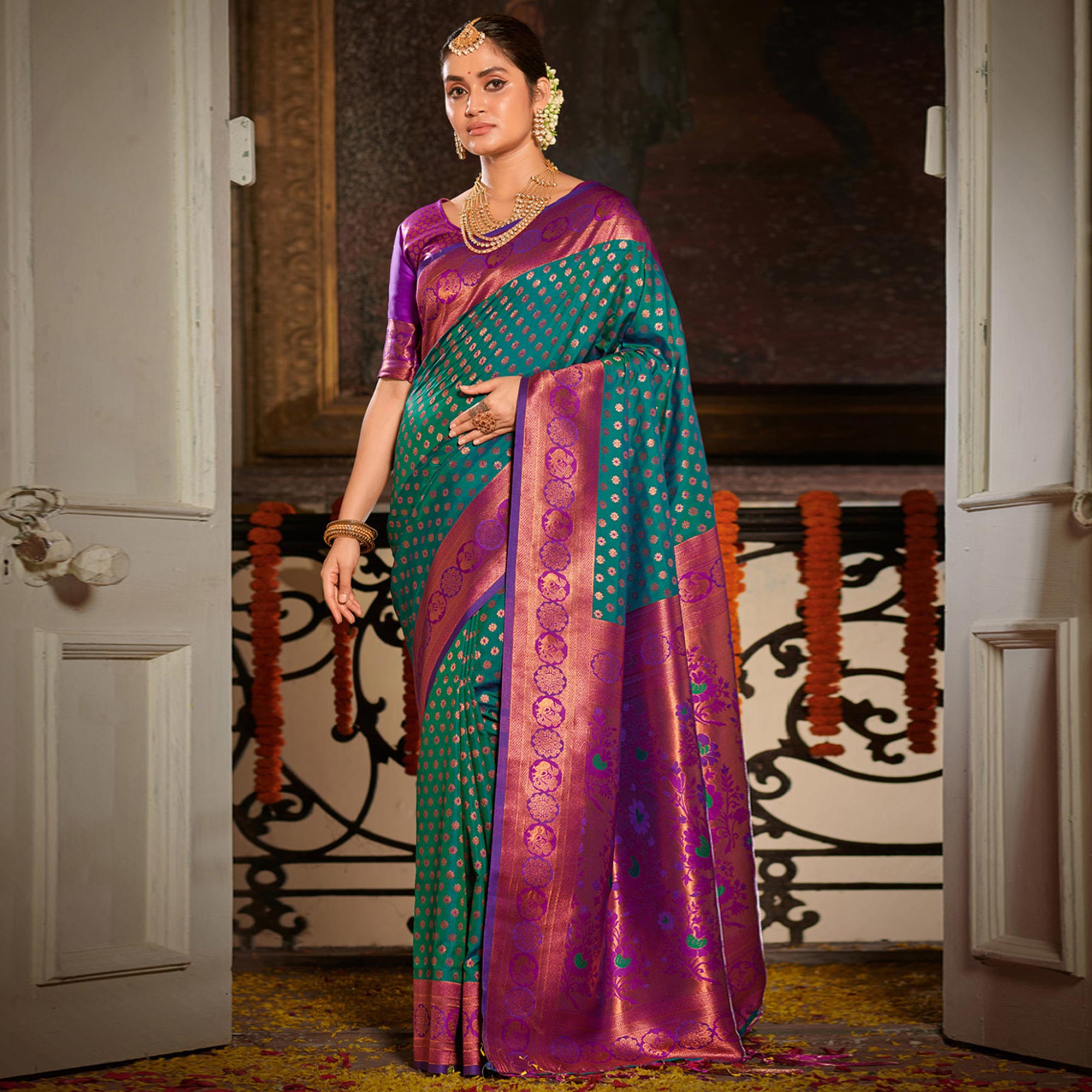 Rama Green Woven Banarasi Silk Saree With Tassels