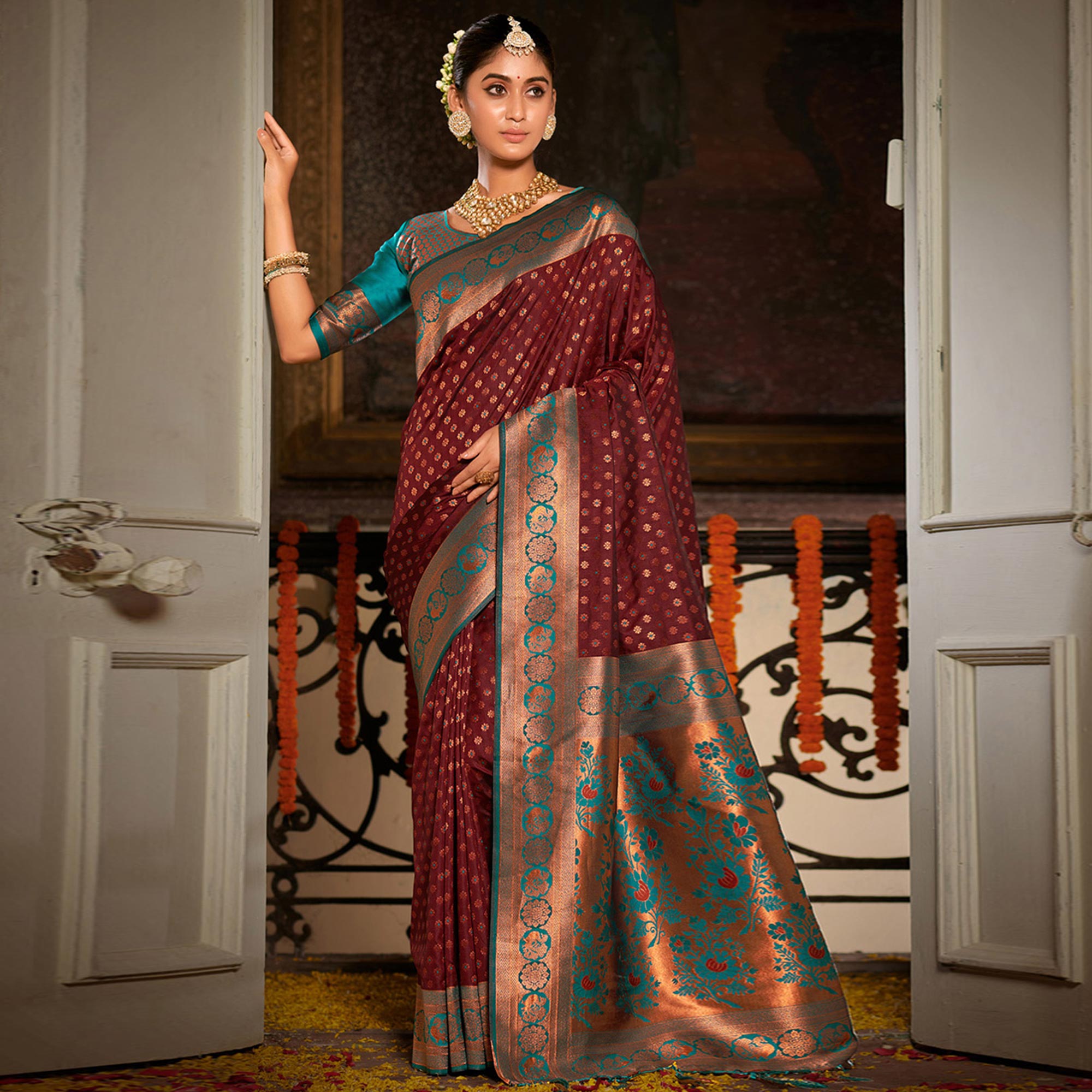 Brown Woven Banarasi Silk Saree With Tassels