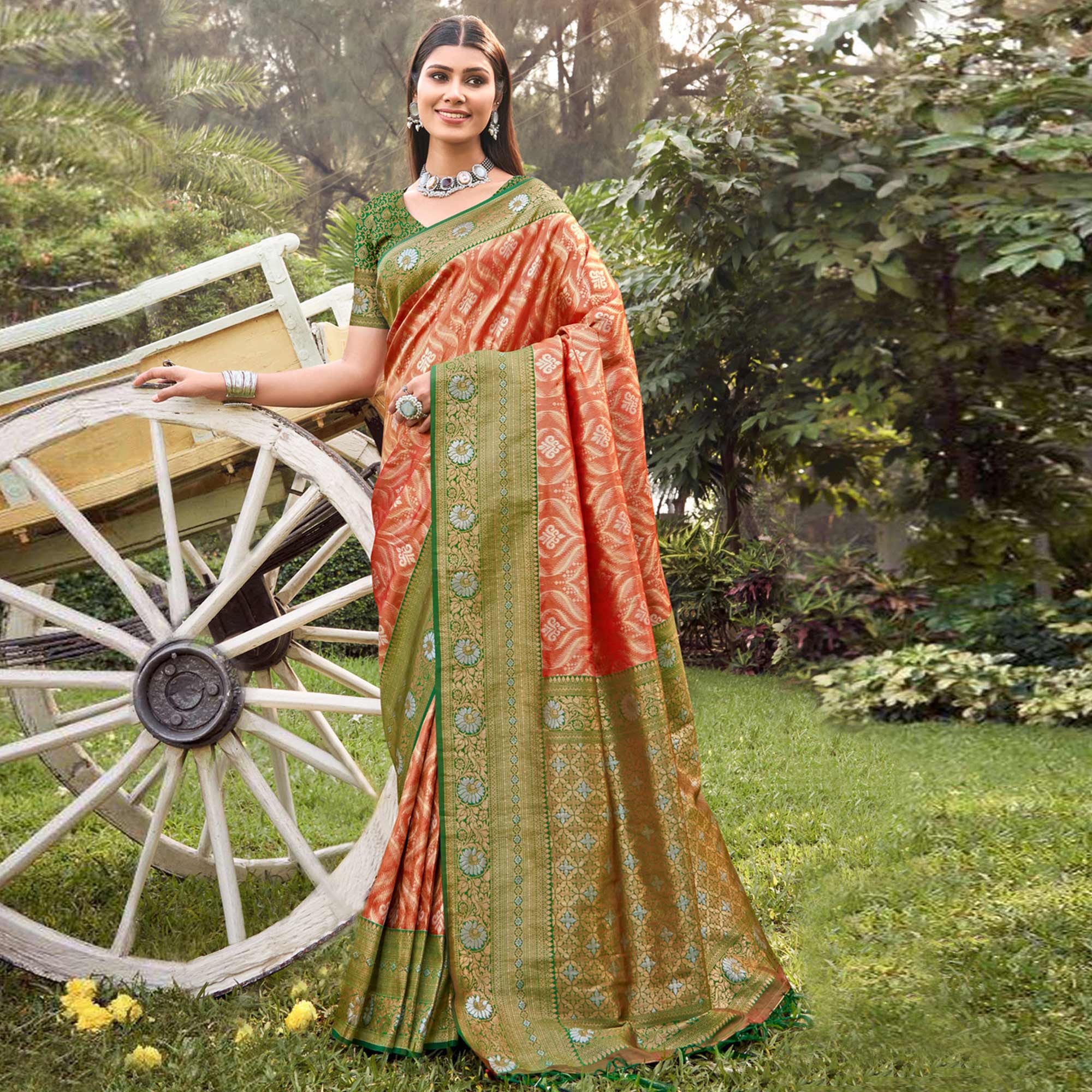 Orange Woven Banarasi Silk Saree With Tassels