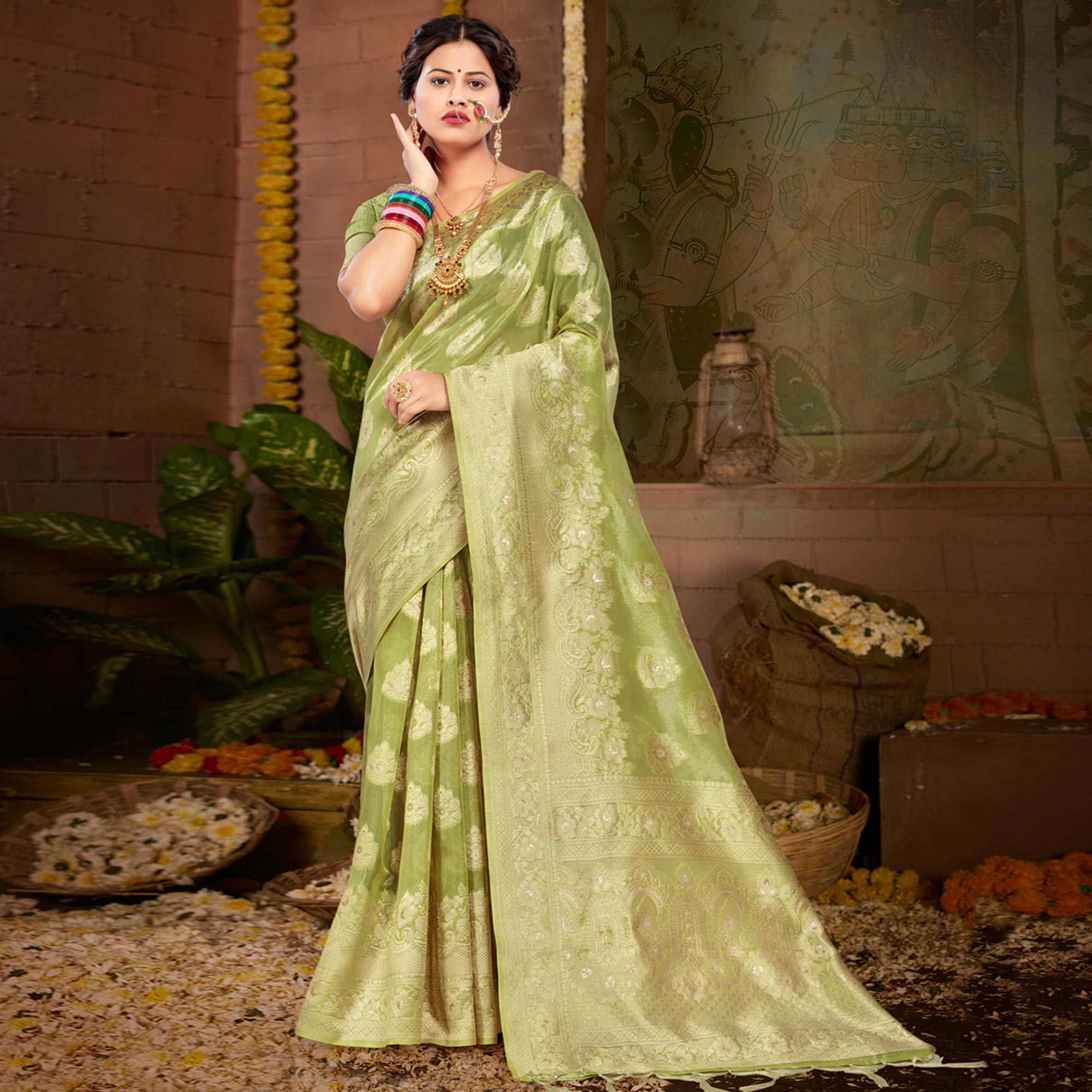 Green Floral Woven Kota Doria Saree With Tassels