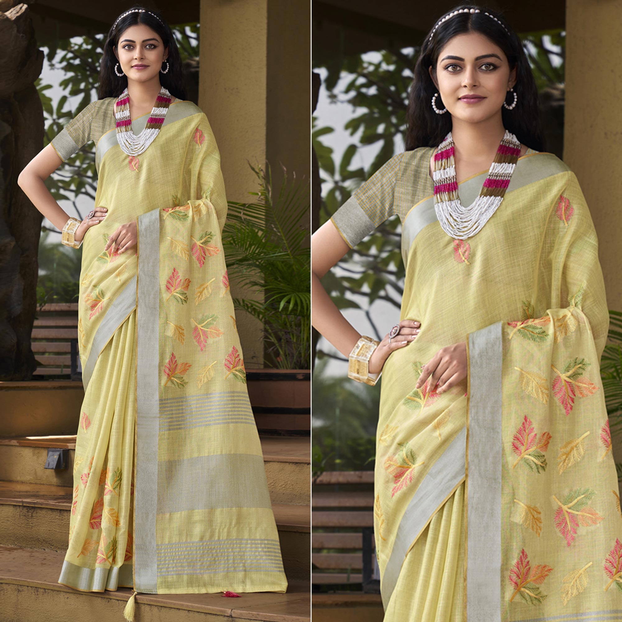 Yellow Floral Embroidered Linen Saree With Tassels