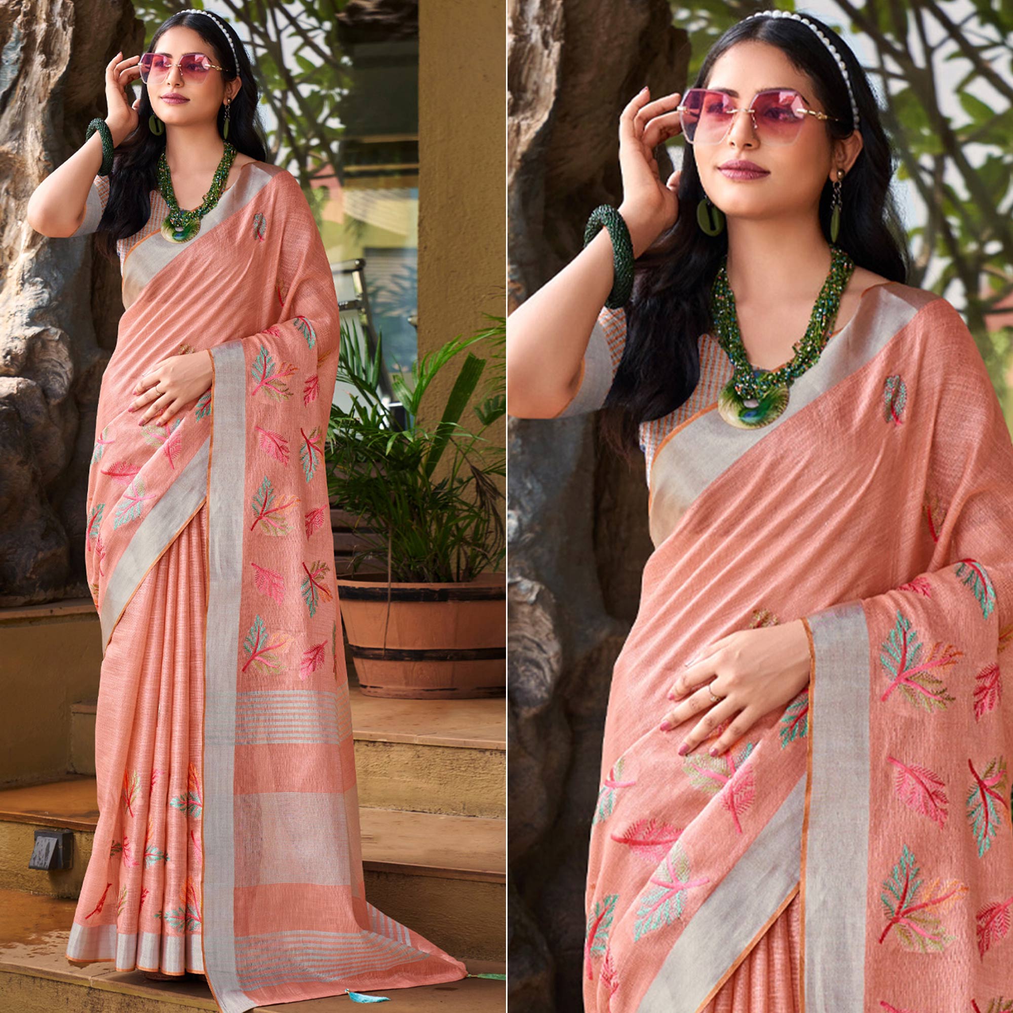 Peach Floral Embroidered Linen Saree With Tassels