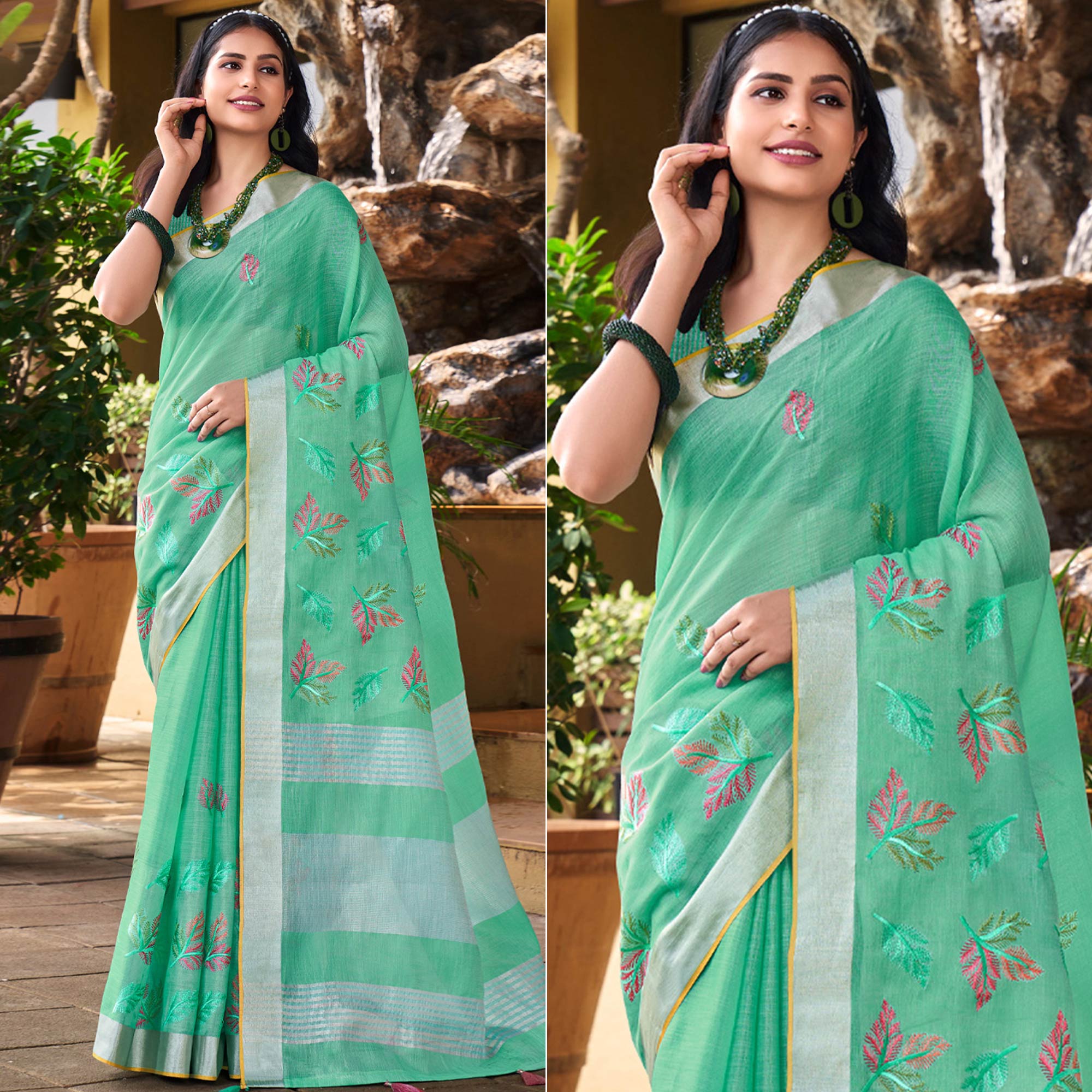 Sea Green Floral Embroidered Linen Saree With Tassels