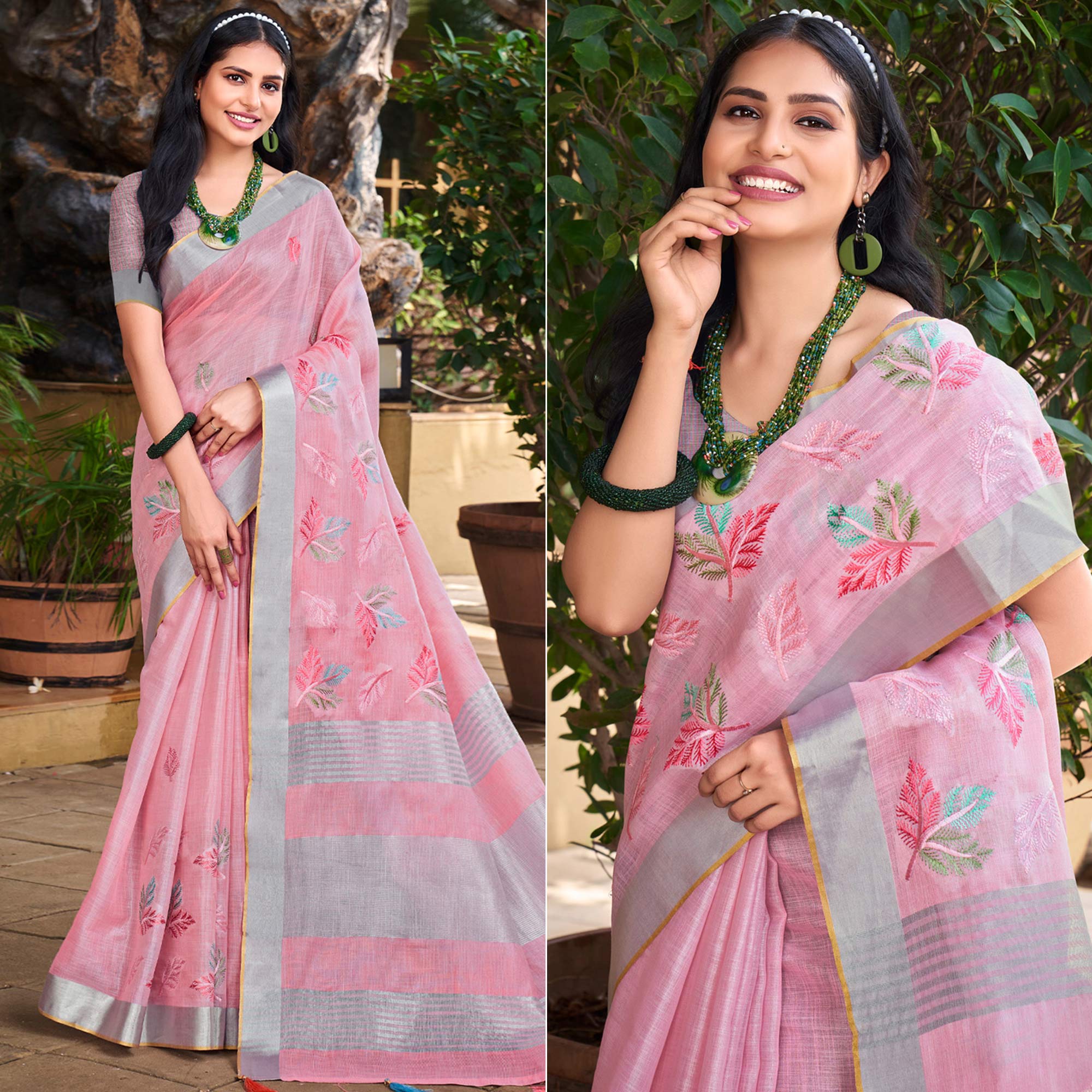 Pink Floral Embroidered Linen Saree With Tassels