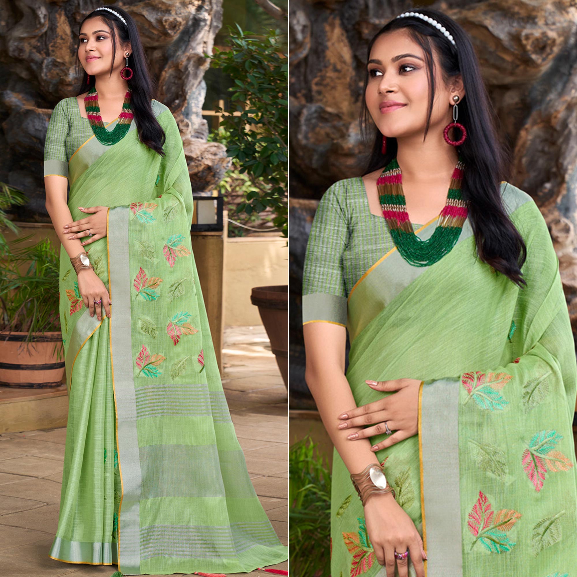 Green Floral Embroidered Linen Saree With Tassels