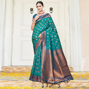 Rama Blue Woven Banarasi Silk Saree With Tassels