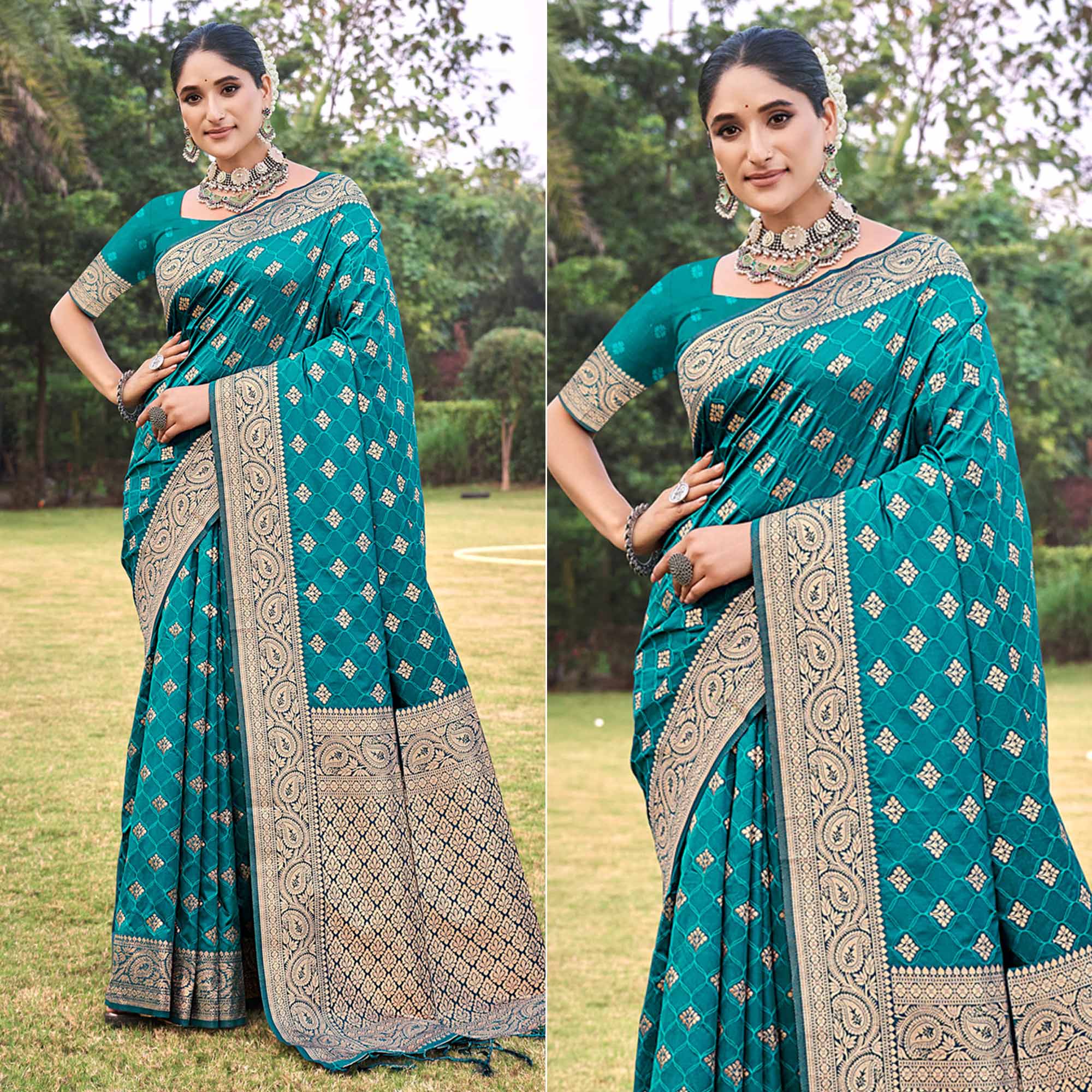 Rama Blue Floral Woven Kanjivaram Silk Saree With Tassels