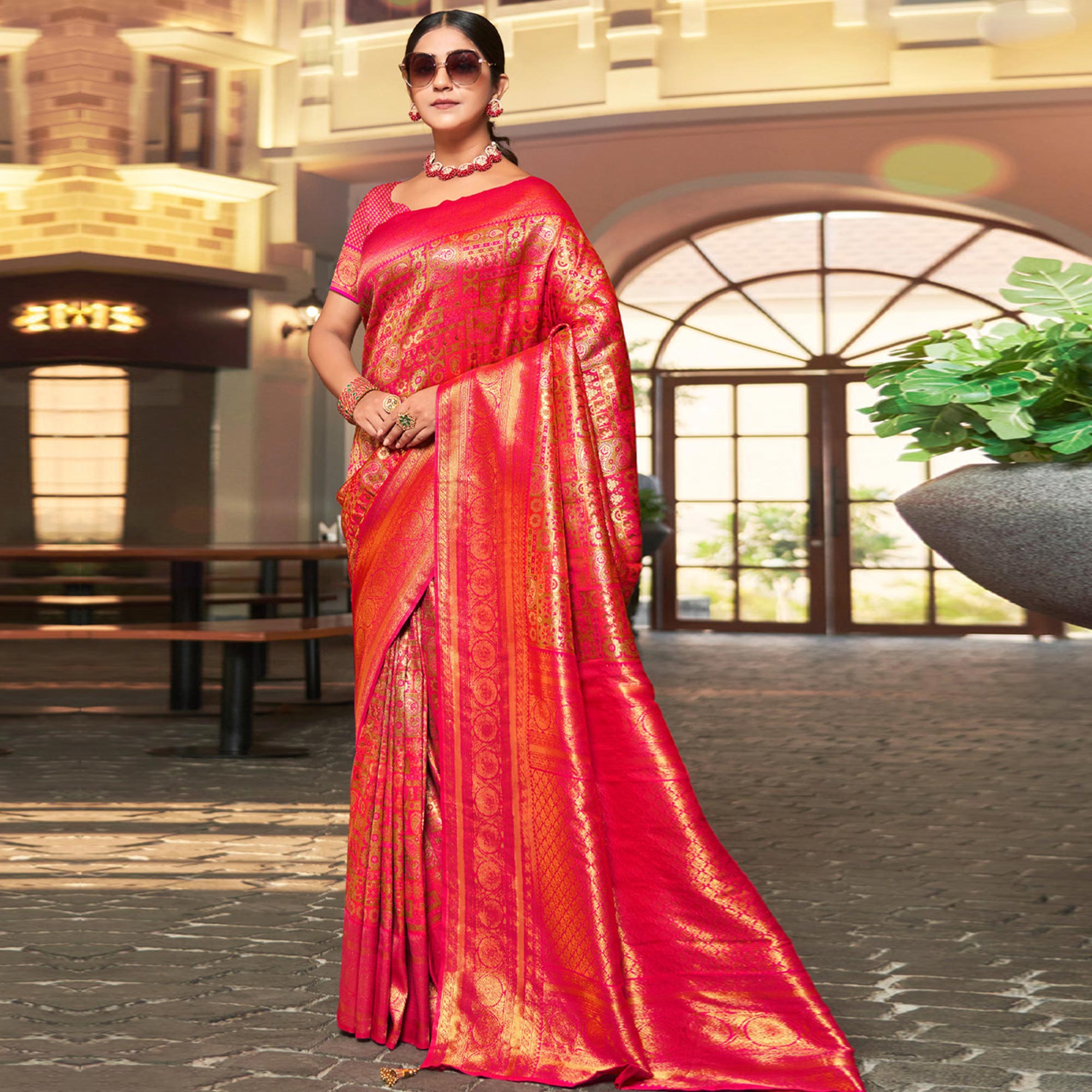 Women pink and orange kanjivaram silk weaving wedding wear saree main image 1
