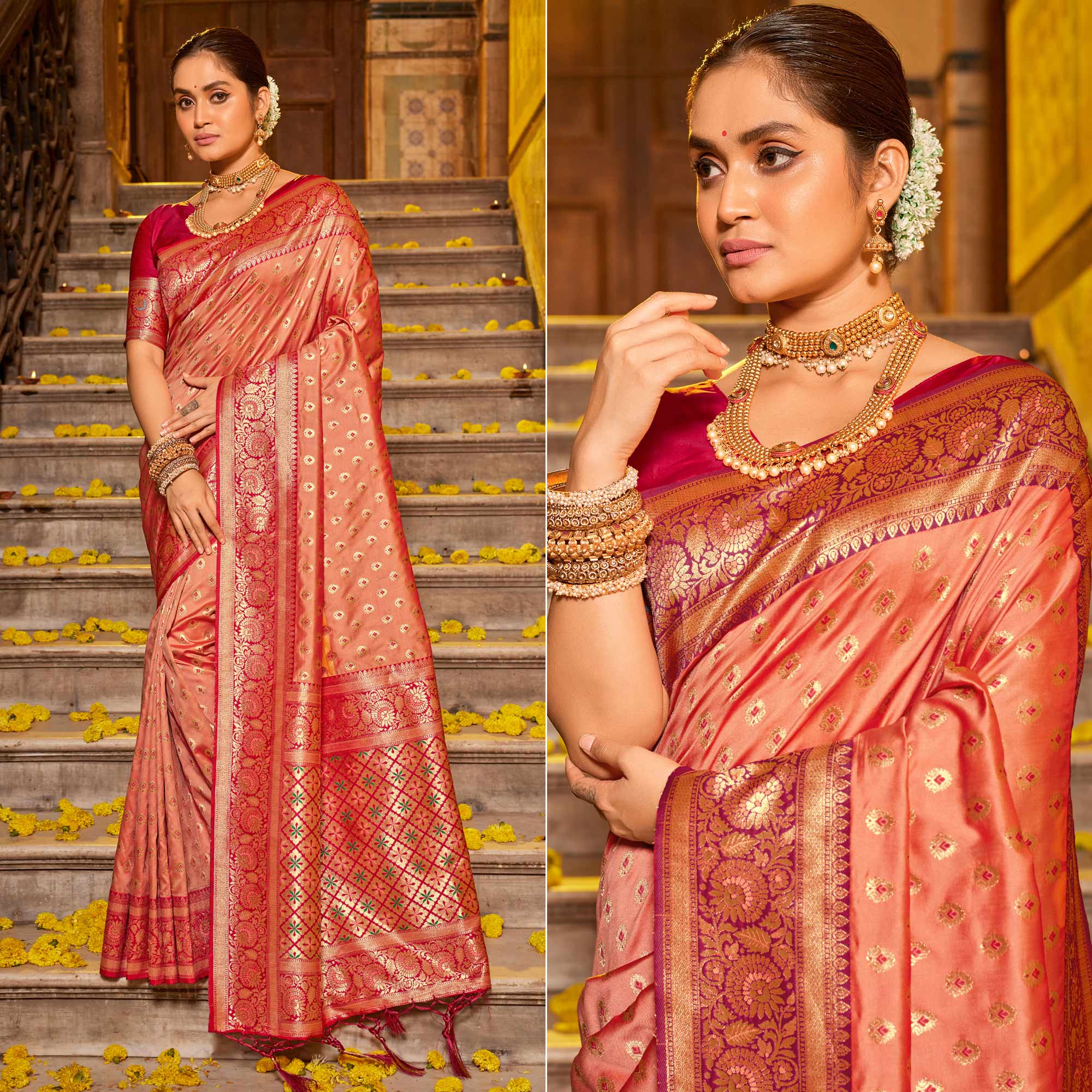 Peach Woven Banarasi Silk Saree With Tassels