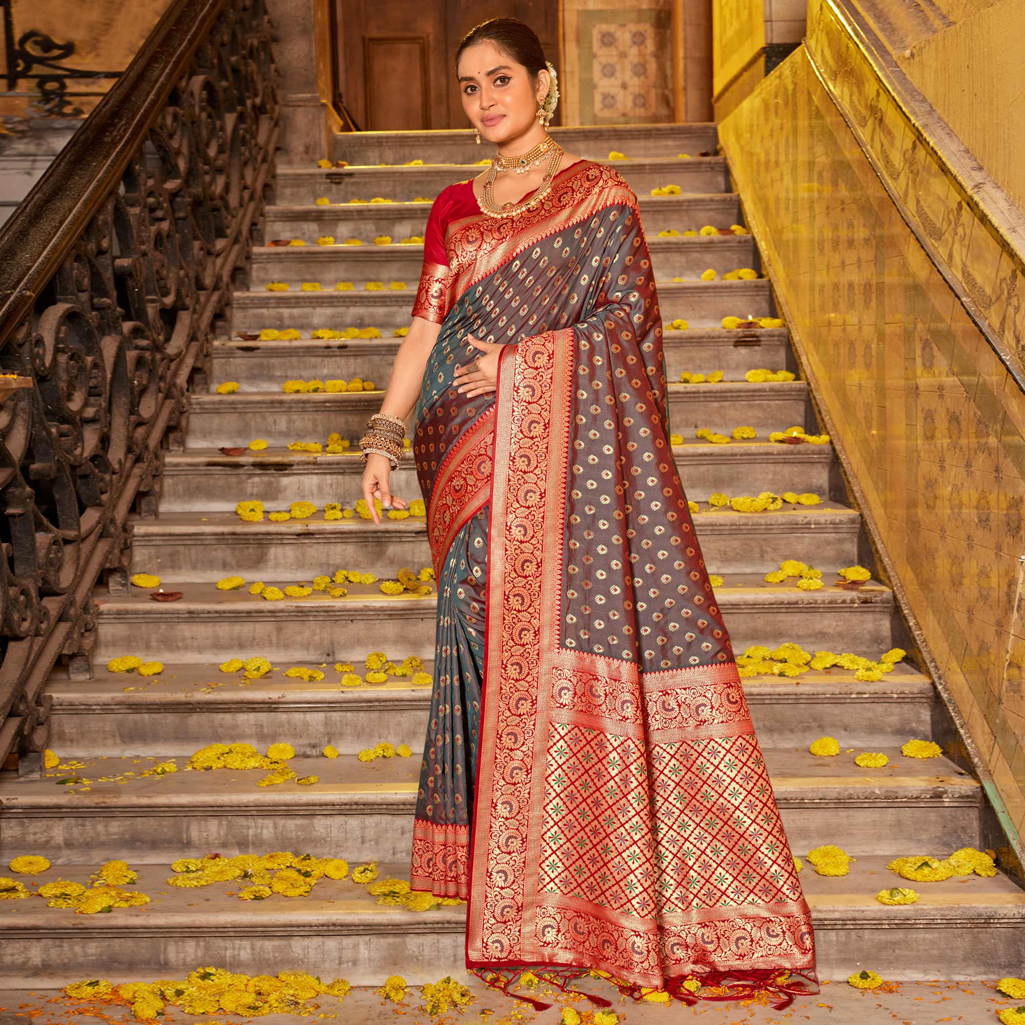 Grey Woven Banarasi Silk Saree With Tassels