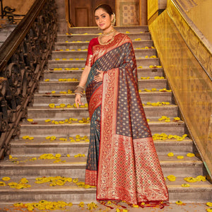 Grey Woven Banarasi Silk Saree With Tassels