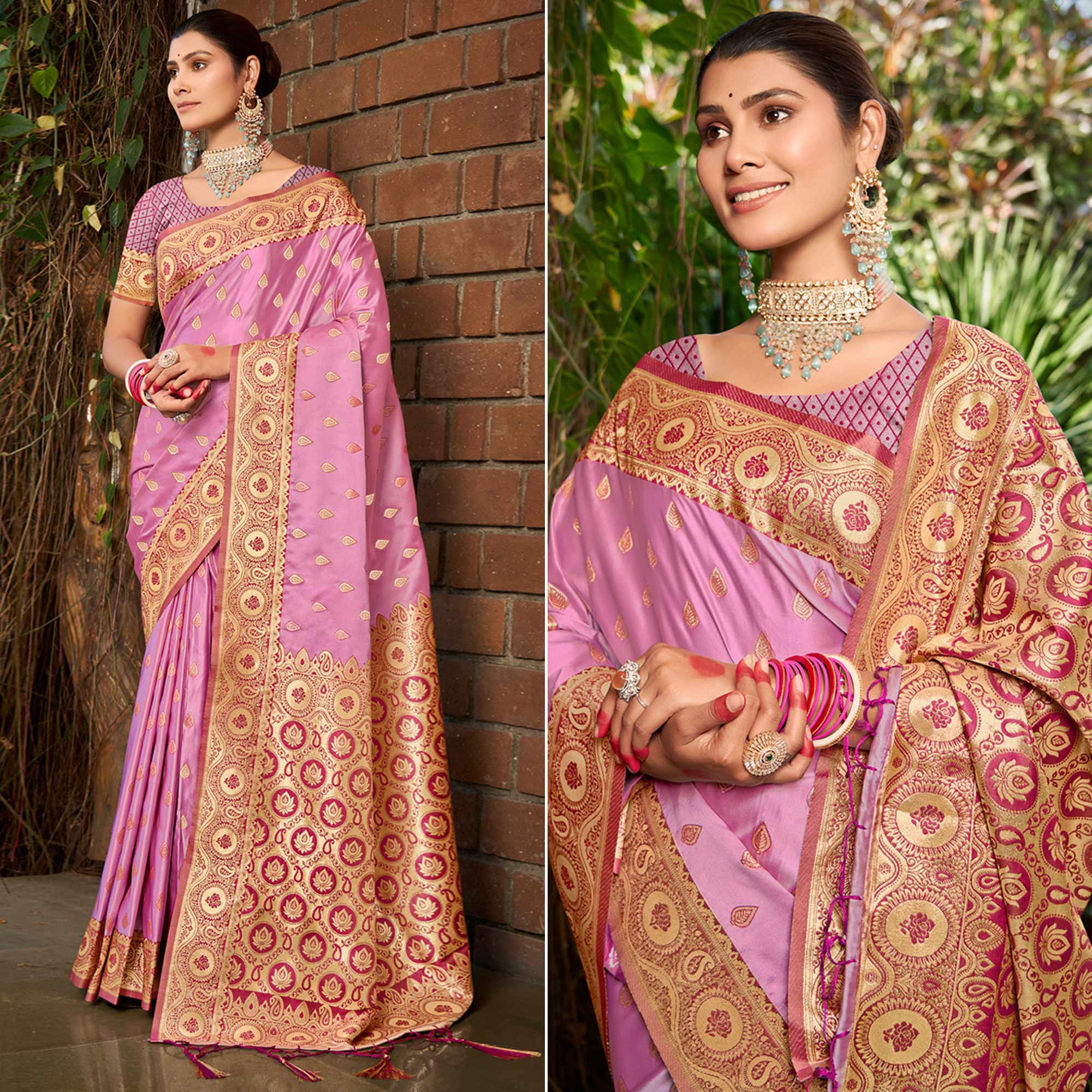 Light Pink Woven Satin Silk Saree With Tassels
