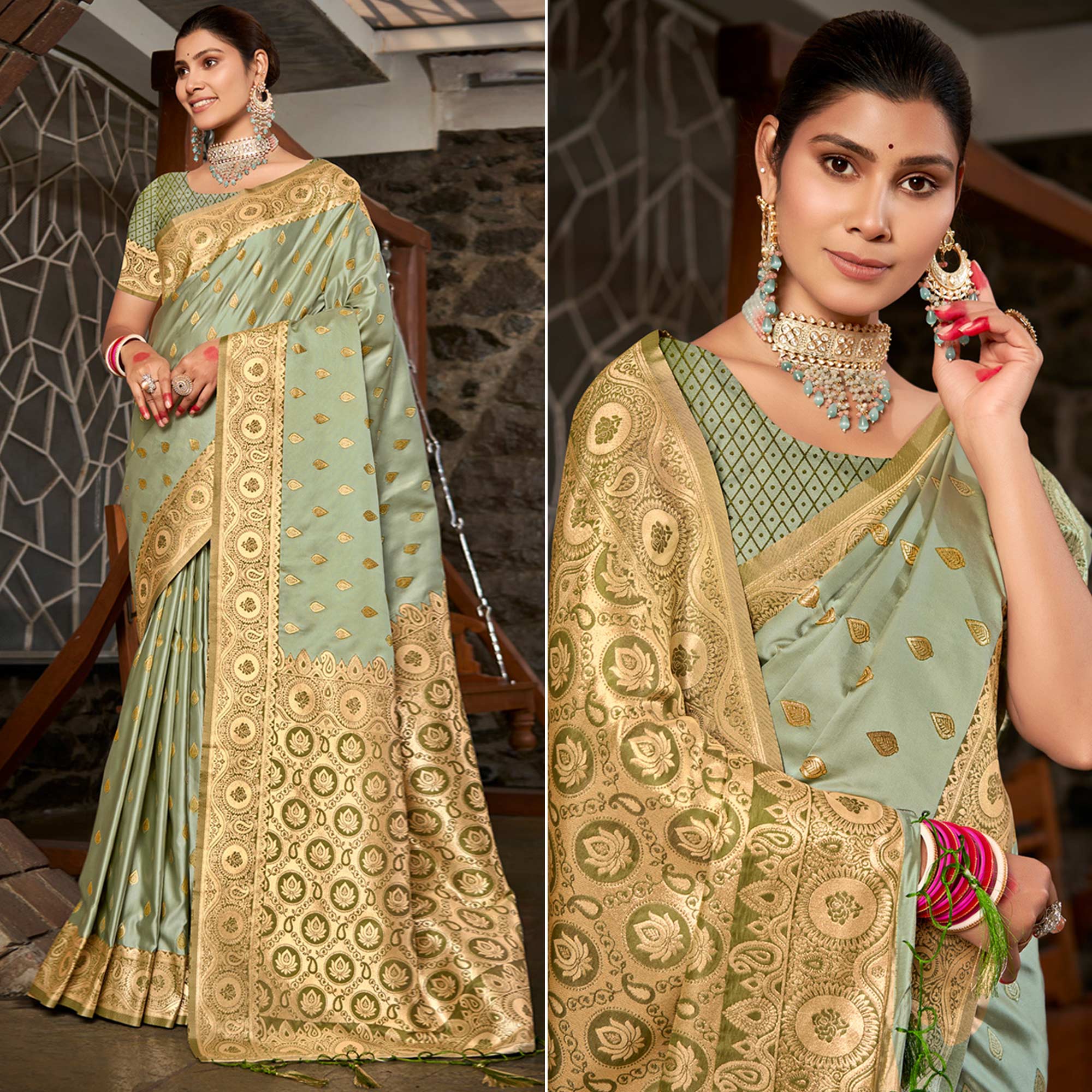 Light Green Woven Satin Silk Saree With Tassels