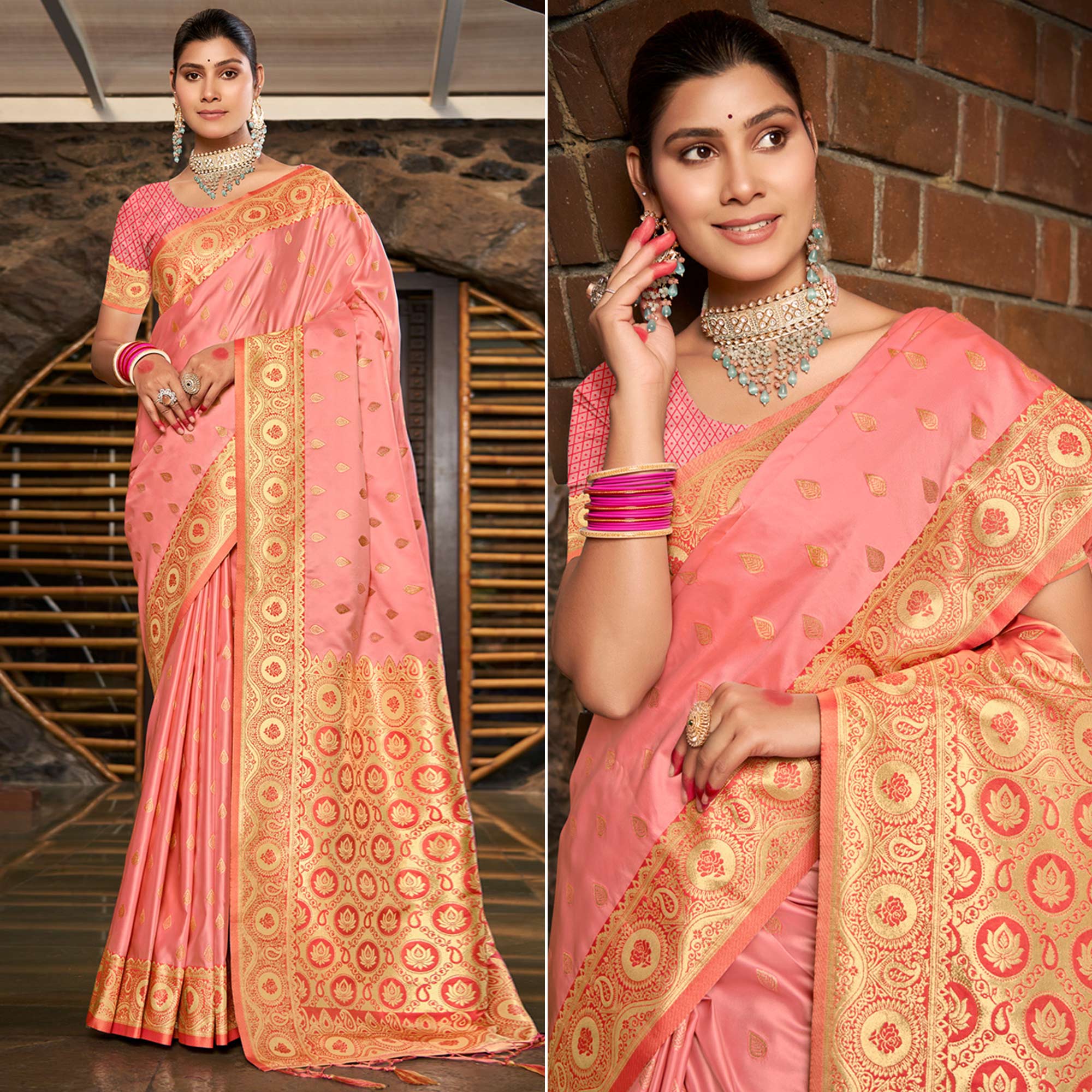 Peach Woven Satin Silk Saree With Tassels